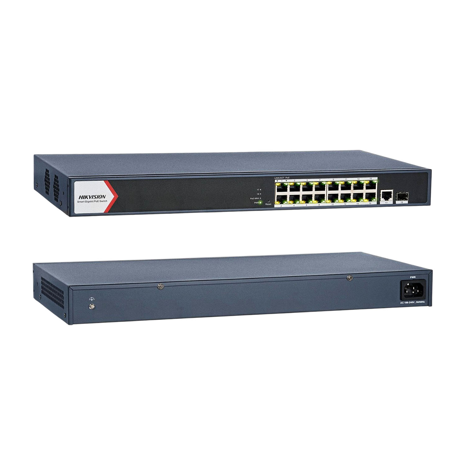 SWITCH POE HIKVISION DS-3E1518P-EI 16 PUERTOS POE 1000MPS 1 PUERTO RJ45 1 PUERTO DE FIBRA ÓPTICA - 2