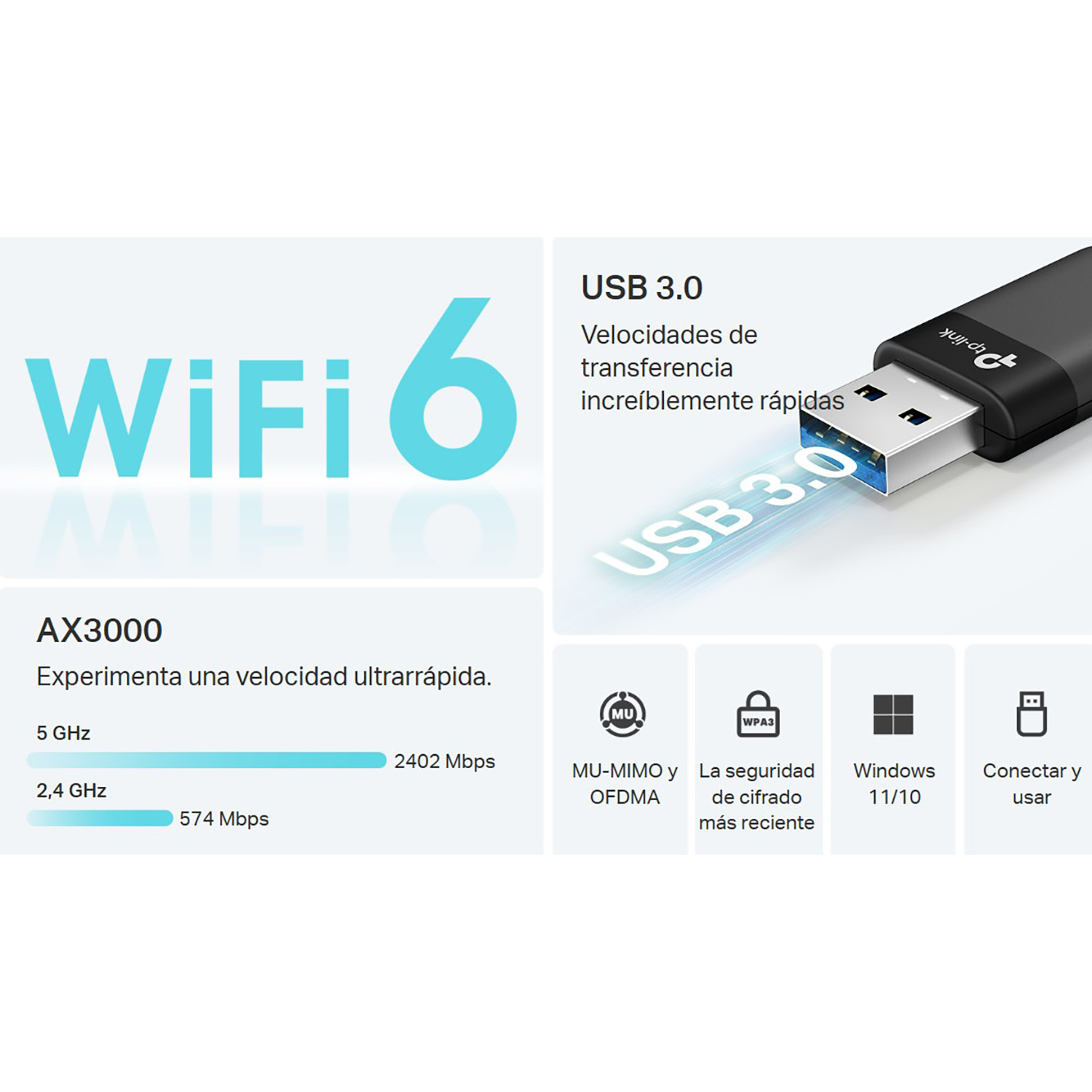 ADAPTADOR WIFI USB TP-LINK ARCHER TX50U WIFI 6 DOBLE BANDA AX3000 - 2