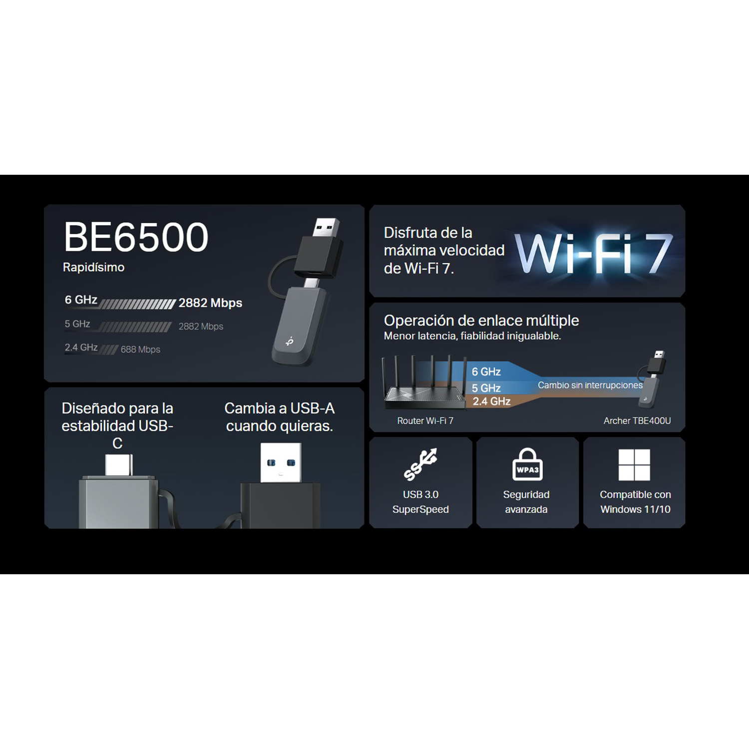 ADAPTADOR WIFI USB TP-LINK ARCHER TBE400U WIFI 7 BE6500 DOBLE CONECTOR - 2