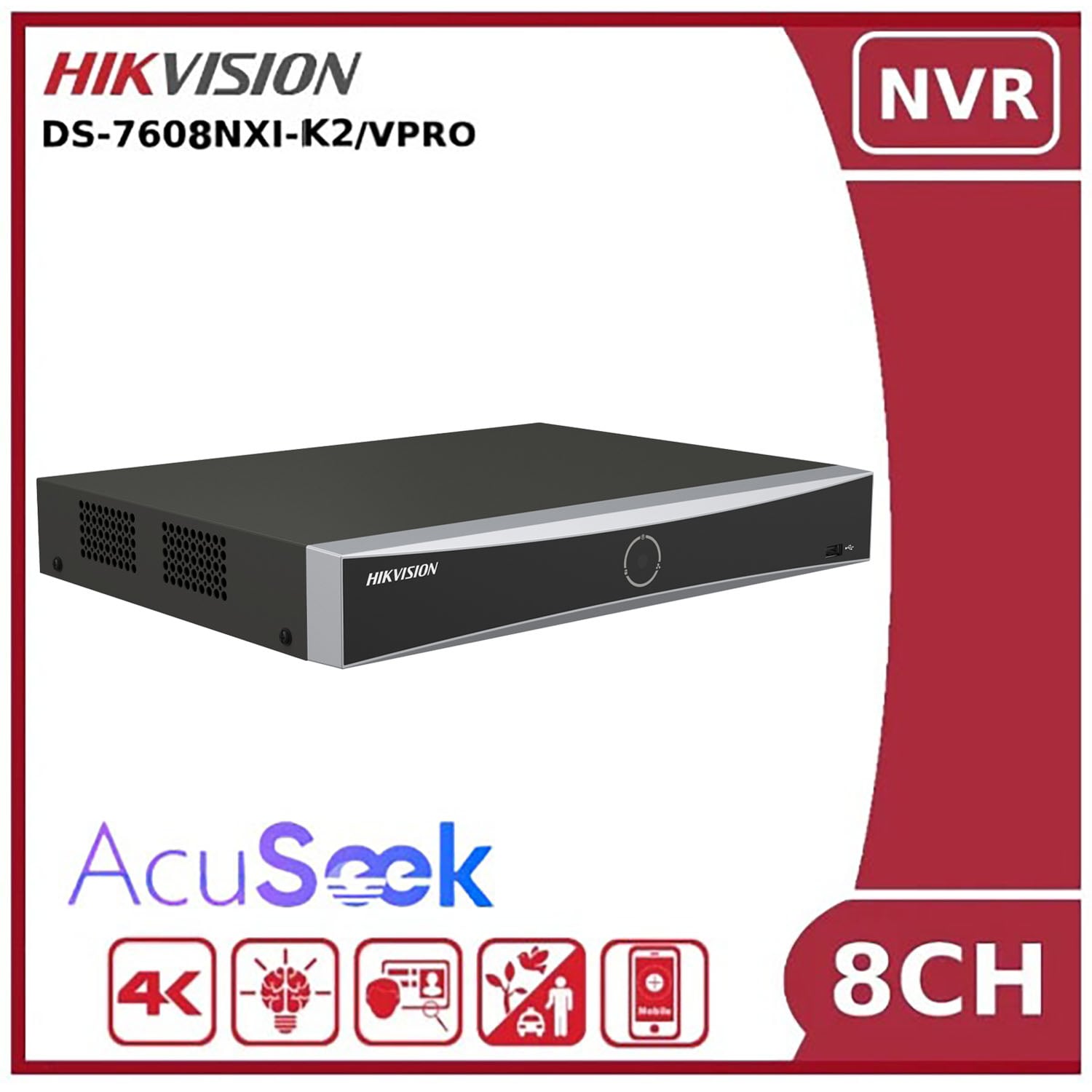 GRABADOR NVR IP HIKVISION DS-7608NXI-K2/VPRO 8 CANALES 12MP DETECCIÓN ACUSEEK 2HDD - 2