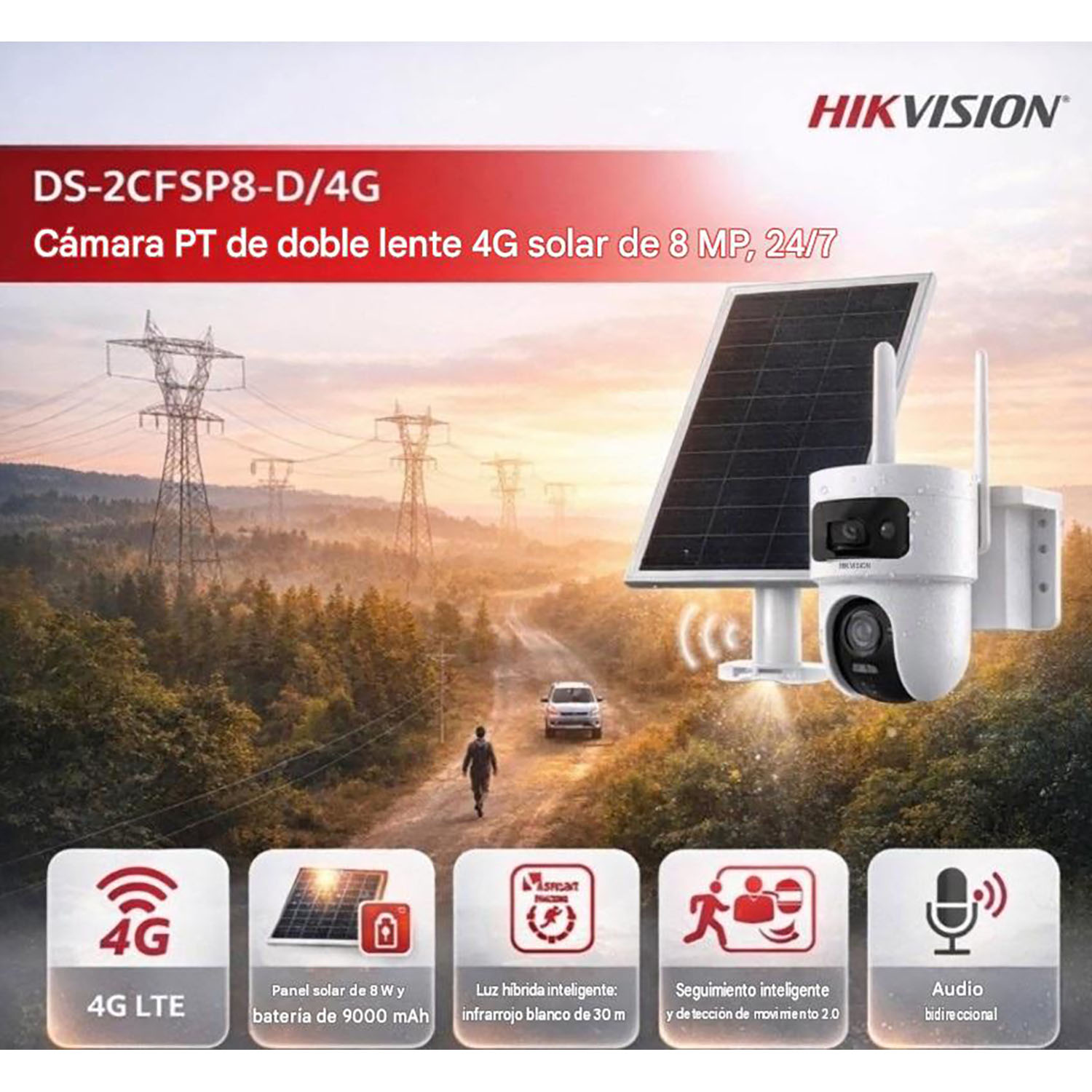 CÁMARA SEGURIDAD HIKVISION DS-2CFSP8-D/4G DOBLE LENTE 4MP + 4MP 4G DETECCIÓN IA BATERÍA PANEL - 4
