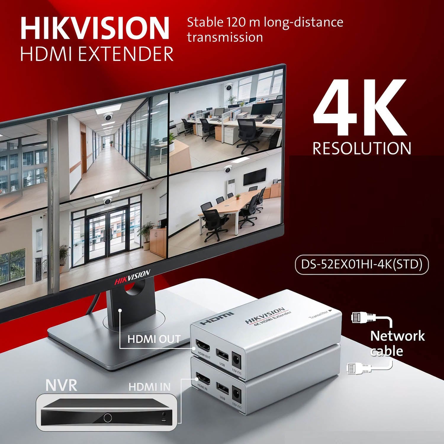 EXTENSOR DE SEÑAL HDMI HIKVISION DS-52EX01HI-4K VIDEO AUDIO 4K HASTA 120M DVR/NVR - 2