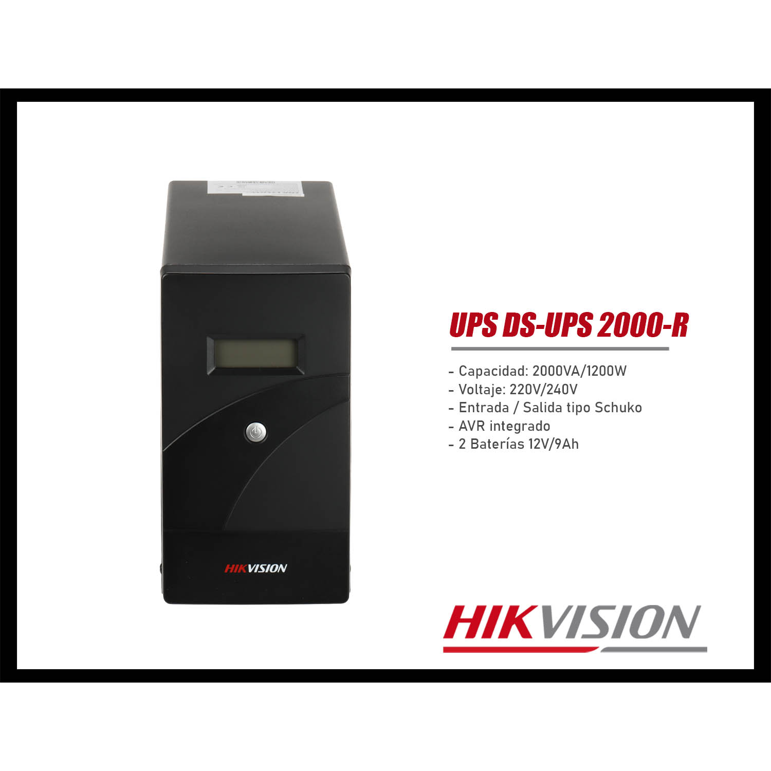 UPS HIKVISION DS-UPS2000-R 2000VA/1200W 4 TOMAS BATERÍAS 12V 9AH SCHUKO PANTALLA LCD AVR USB - 2