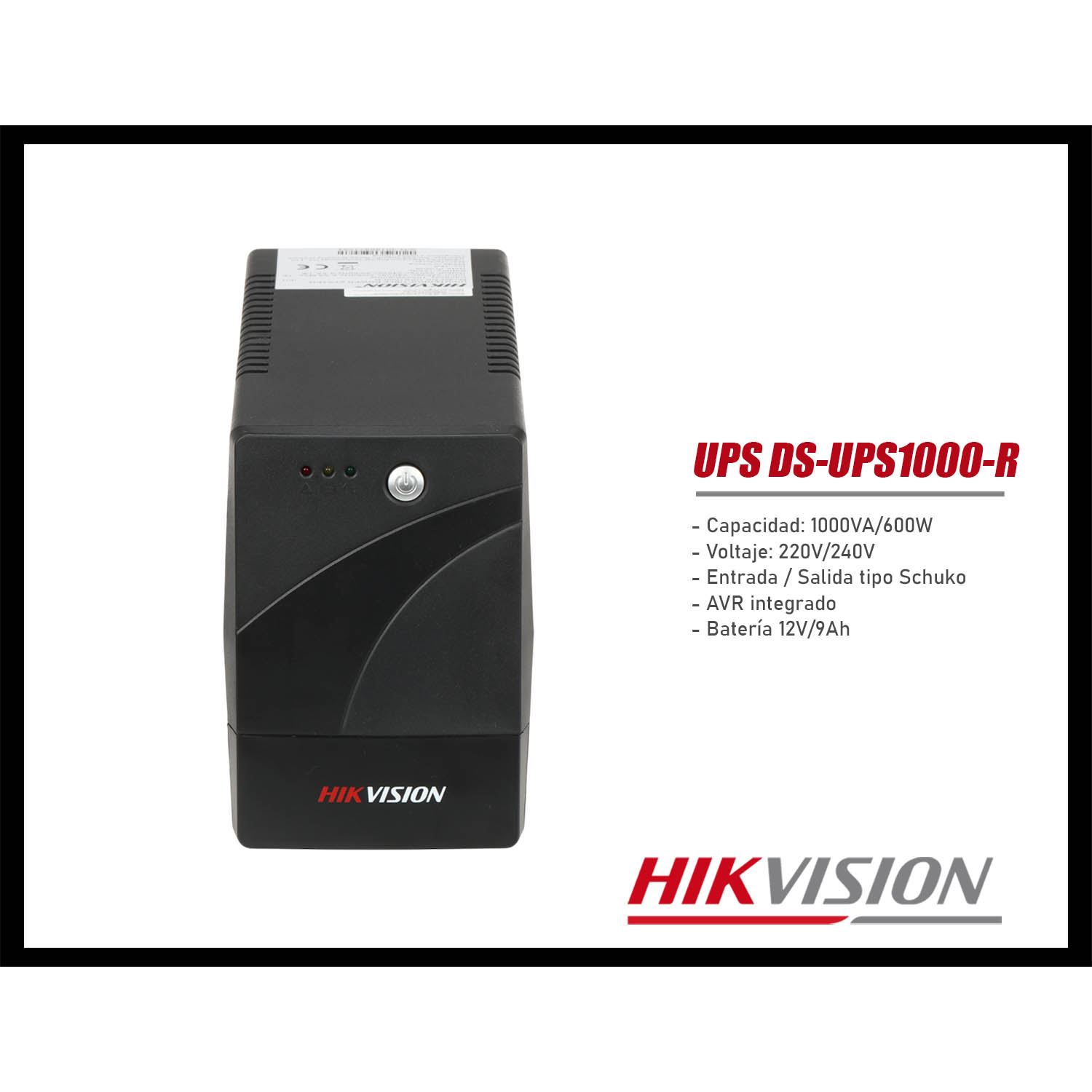 UPS HIKVISION DS-UPS1000-R 1000VA/600W 2 TOMAS BATERÍA 12V 9AH ENTRADA SALIDA SCHUKO AVR - 2