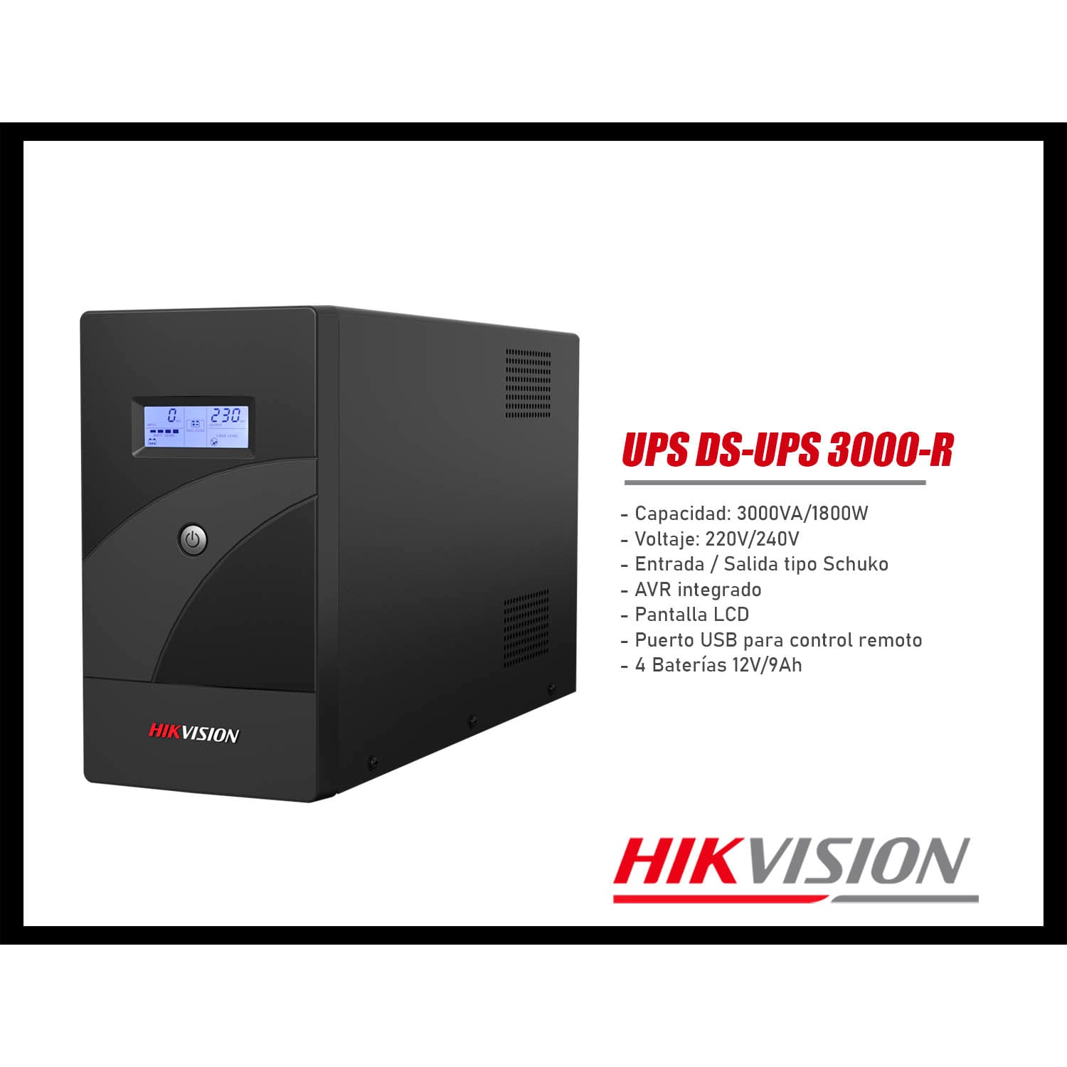 UPS HIKVISION DS-UPS3000-R 3000VA/1800W 6 TOMAS BATERÍAS 12V 9AH SCHUKO PANTALLA LCD AVR USB - 2