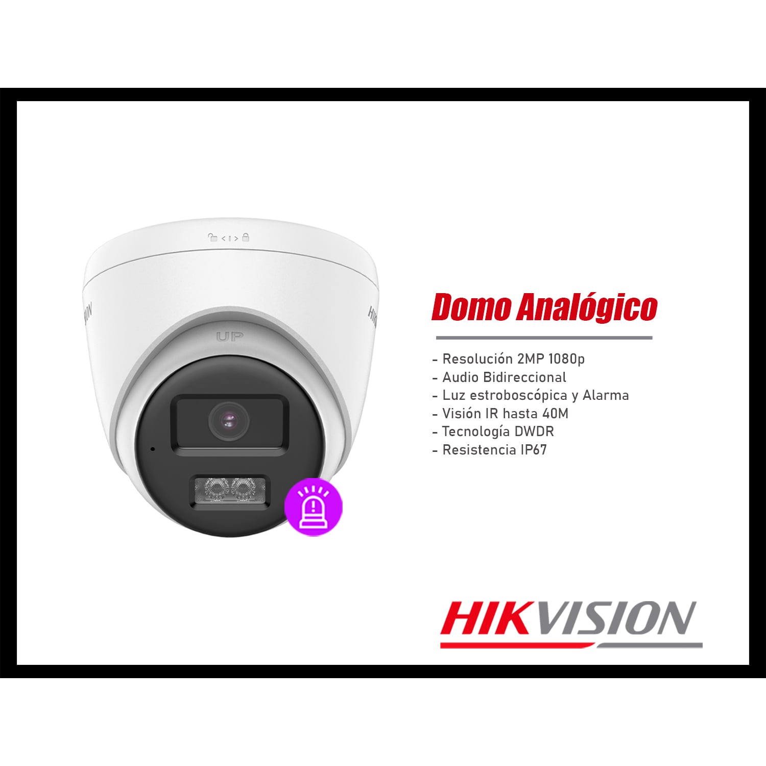 CÁMARA SEGURIDAD HIKVISION DS-2CE78D0T-LXTS 2MP DOMO ANALÓGICA AUDIO BIDIRECCIONAL LUZ ALARMA - 2
