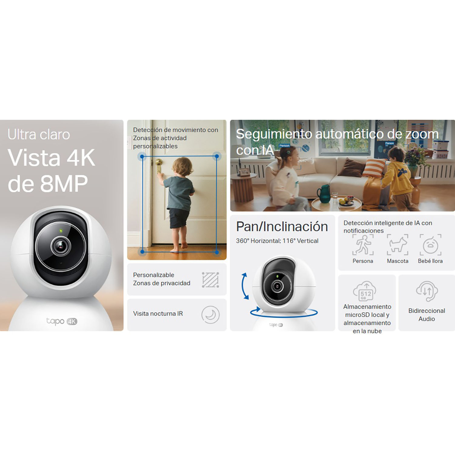 CÁMARA SEGURIDAD TAPO C250 4K 8MP CAPACIDAD 512GB WIFI VISIÓN 360 DETECCIÓN IA AUDIO BIDIRECCIONAL - 2