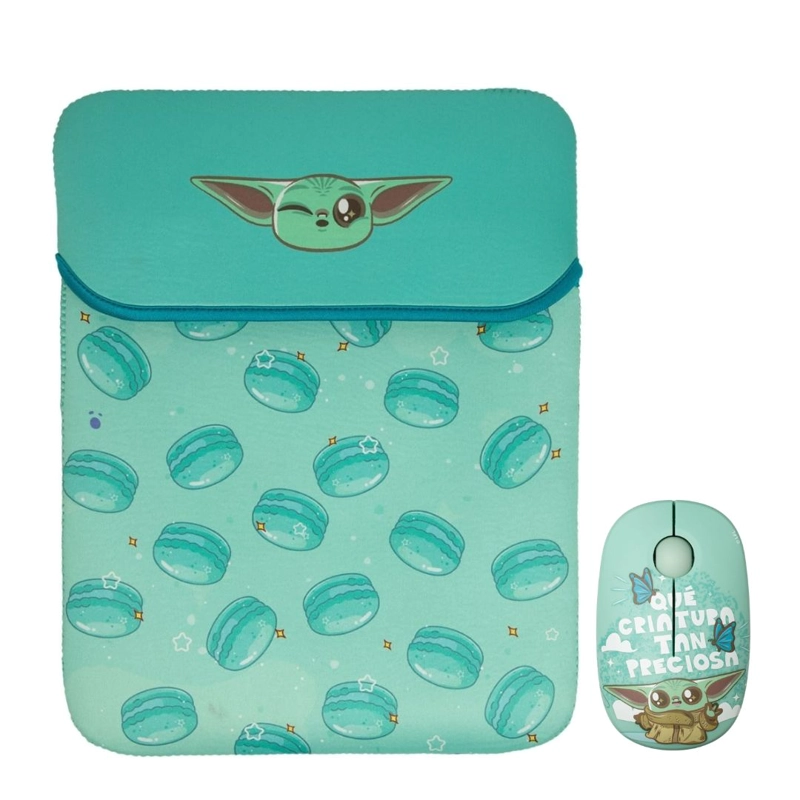MOUSE INALAMBRICO + FUNDA PARA LAPTOP REVERSIBLE STAR WARS BABY YODA NEOPRENO 15 - 16 PULGADAS MOD 1 - 1