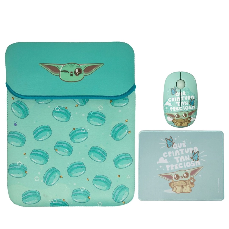 MOUSE INALAMBRICO + PAD DESK 24X20 CM + FUNDA PARA LAPTOP REVERSIBLE STAR WARS BABY YODA NEOPRENO 15 - 16 PULGADAS MOD 1 - 1