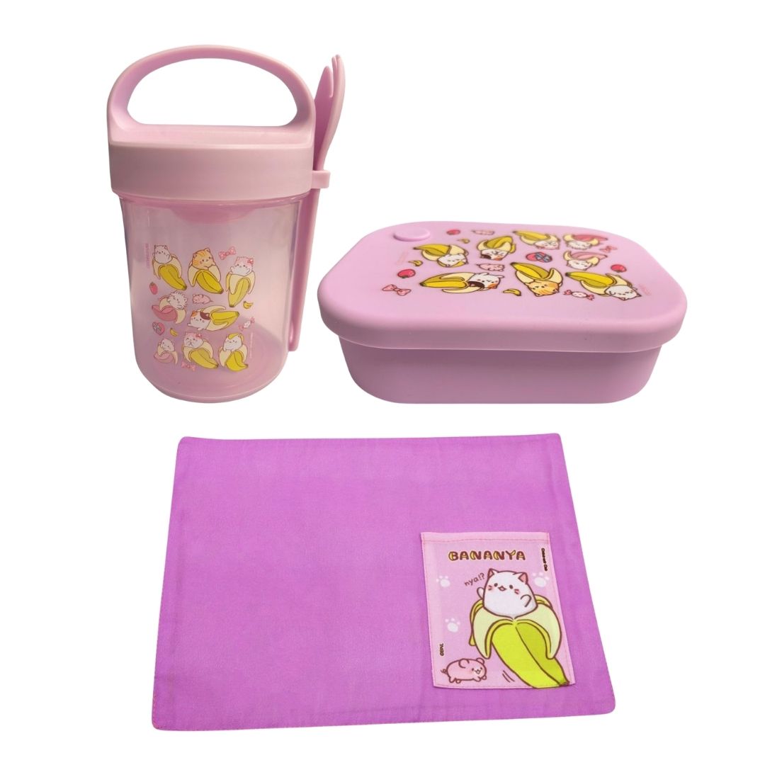 PACK ESCOLAR BANANYA TAPER CON CUCHARA + TAPER DE SILICONA 770ML + INDIVIDUAL - 1