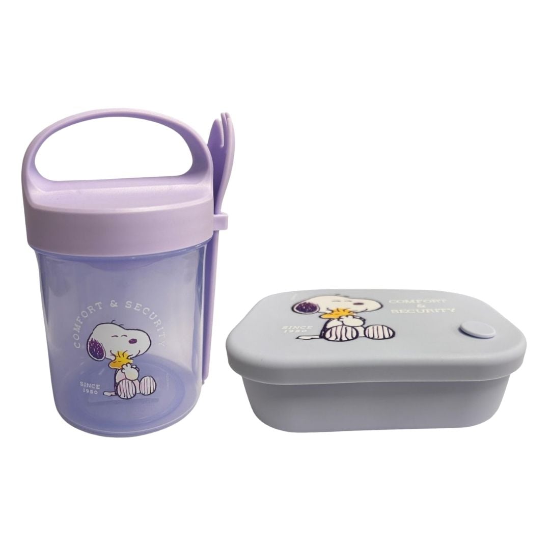 PACK ESCOLAR SNOOPY TAPER CON CUCHARA LILA 560ML + TAPER SILICONA 770ML - 1