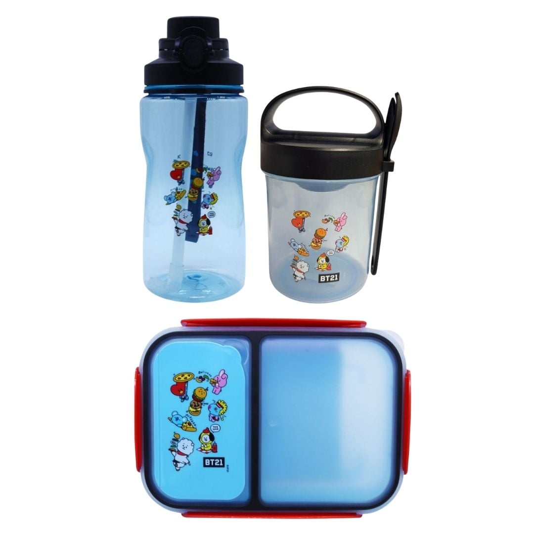 PACK ESCOLAR BTS21 KPOP KAWAI TOMATODO CON CAÑITA 1250ML + TAPER CON CUCHARA 560ML + TAPER 1200ML - 1