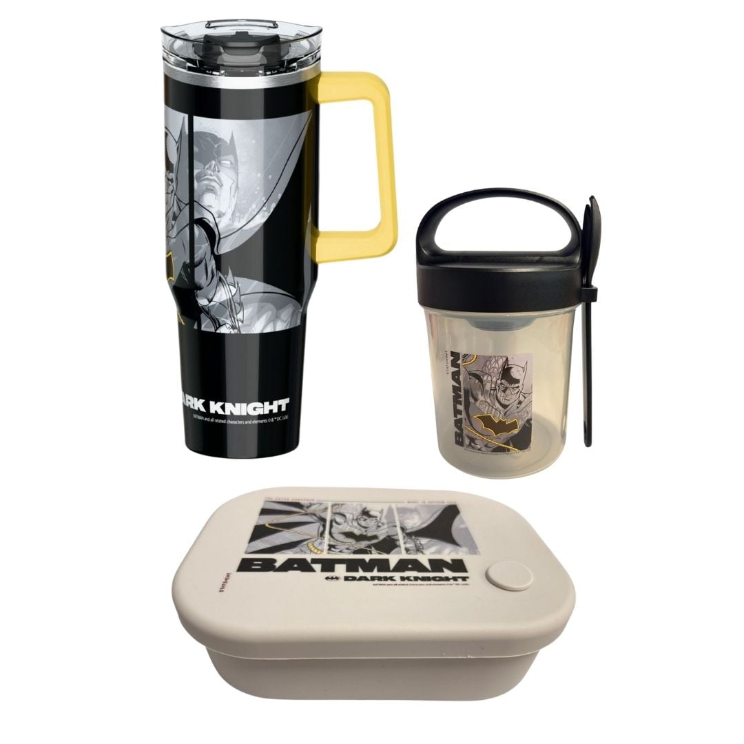 PACK ESCOLAR BATMAN MUG VASO CON CAÑITA 1200ML +TAPER CON CUCHARA 560ML + TAPER SILICONA 770ML - 1
