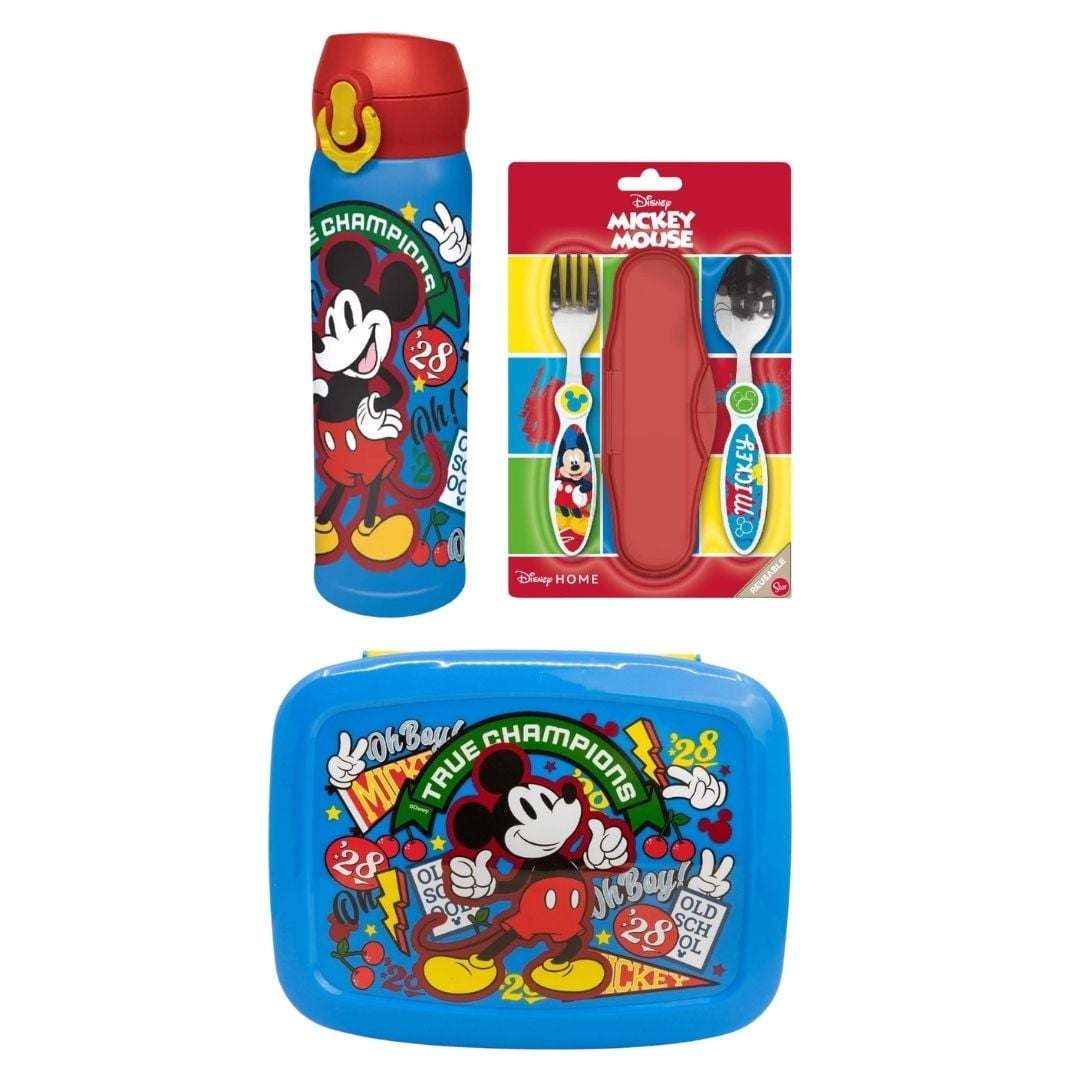 PACK ESCOLAR MICKEY MOUSE TOMATODO 580ML + SET DE CUBIERTOS + TAPER CON DIVISIONES - 1