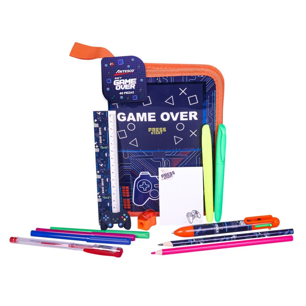 Cartuchera Artesco Game Over + Kit Escolar Completo (40+ piezas) - 1