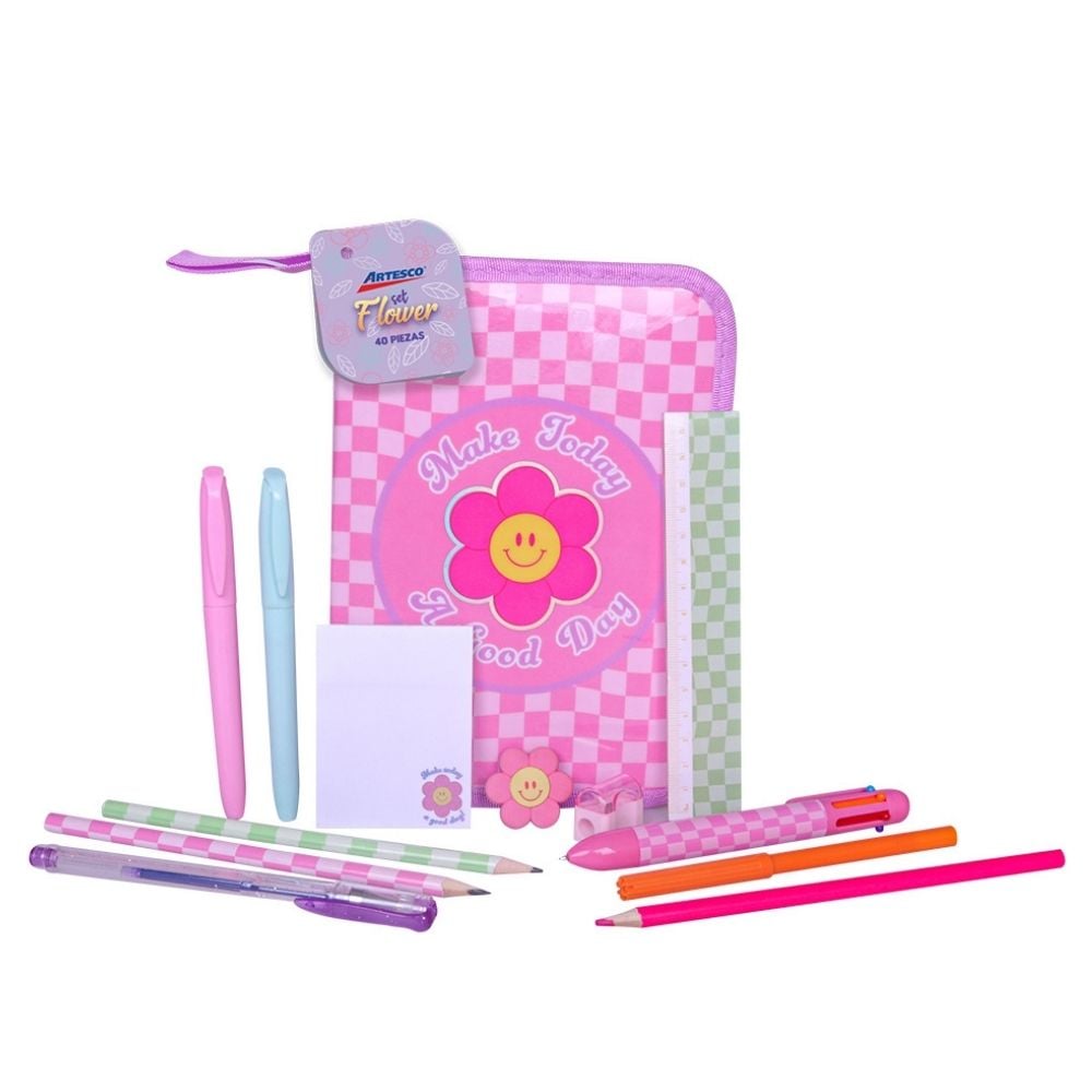 Cartuchera Artesco Flower + Kit Escolar Completo (40+ piezas) - 1