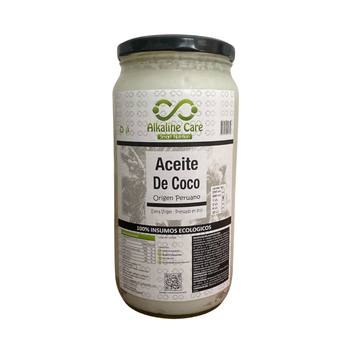 SET ALKALINE CARE ACEITE DE COCO ORGÁNICO 1 LT SACHET + 1 LT FRASCO DE VIDRIO - 2