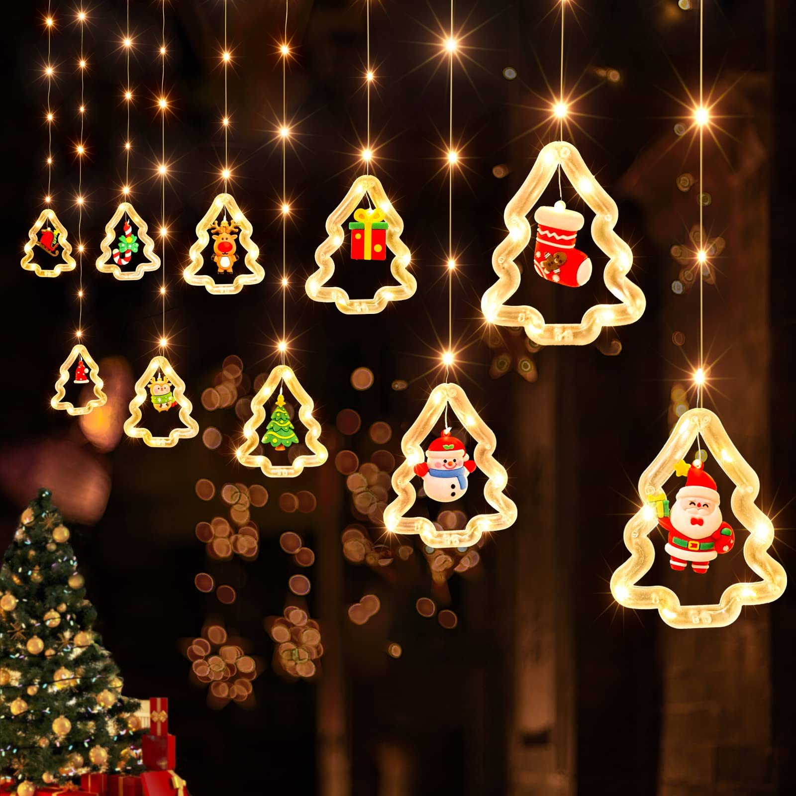 CORTINA LUCES NAVIDAD LED GUIRNALDA DISEÑO ARBOL Y FIGURAS DE NAVIDAD - LUZ AMBAR - 1