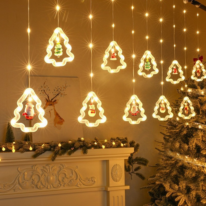 CORTINA LUCES NAVIDAD LED GUIRNALDA DISEÑO ARBOL Y FIGURAS DE NAVIDAD - LUZ AMBAR - 10