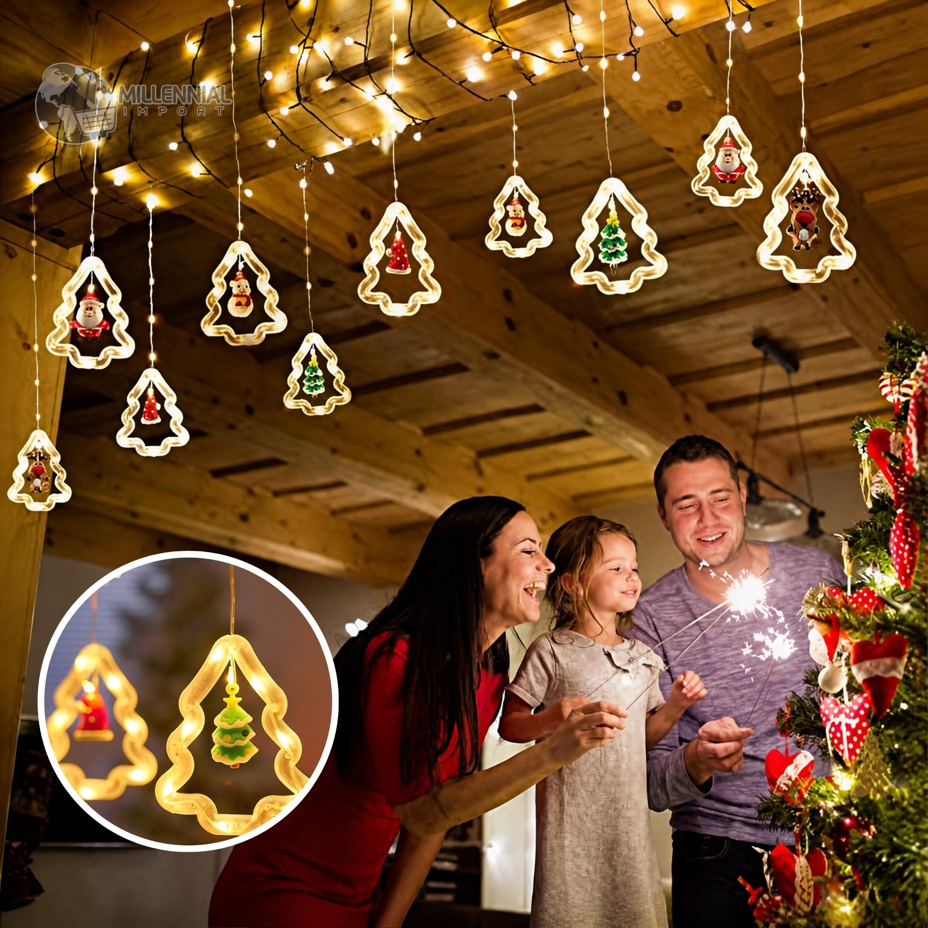 CORTINA LUCES NAVIDAD LED GUIRNALDA DISEÑO ARBOL Y FIGURAS DE NAVIDAD - LUZ AMBAR - 3