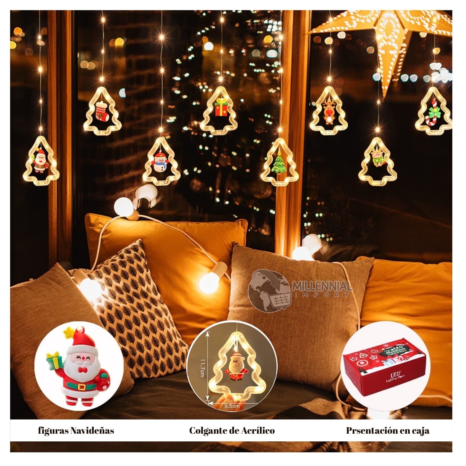 CORTINA LUCES NAVIDAD LED GUIRNALDA DISEÑO ARBOL Y FIGURAS DE NAVIDAD - LUZ AMBAR - 4