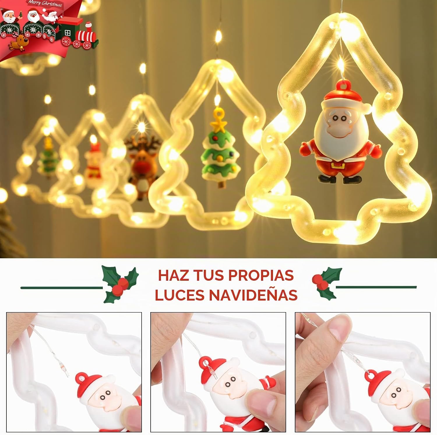 CORTINA LUCES NAVIDAD LED GUIRNALDA DISEÑO ARBOL Y FIGURAS DE NAVIDAD - LUZ AMBAR - 6