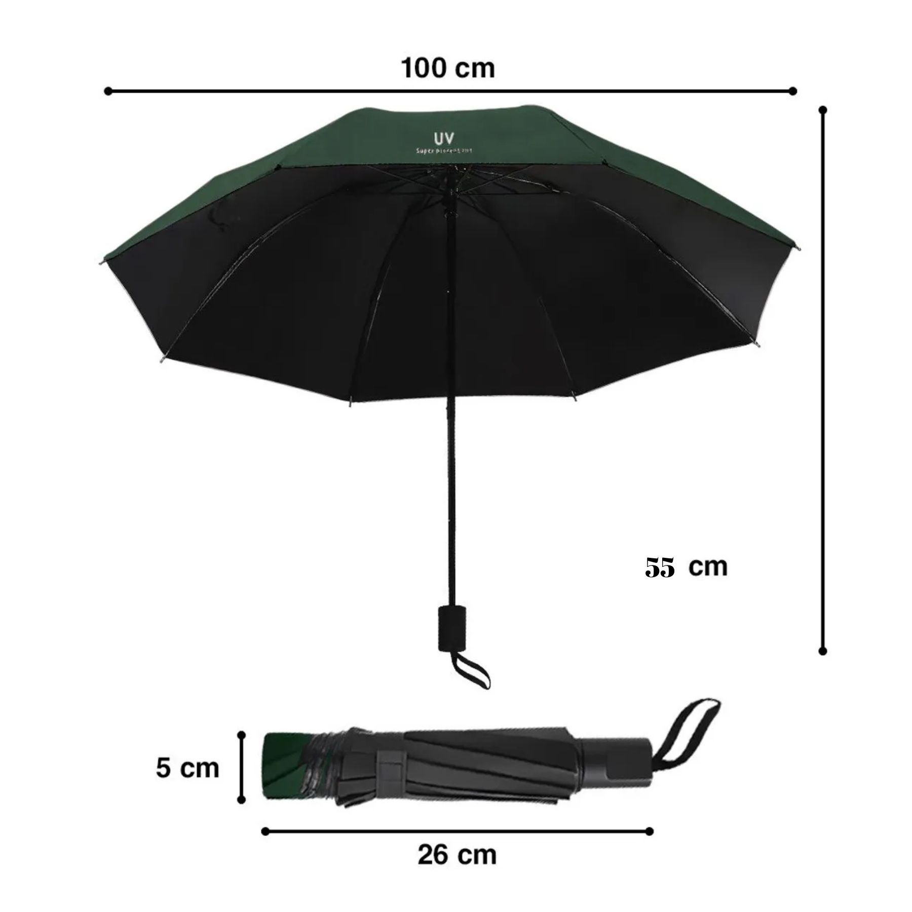 SOMBRILLA DE MANO PARAGUAS PLEGABLE PARA EL SOL Y LLUVIA COLOR VERDE MILITAR - 10