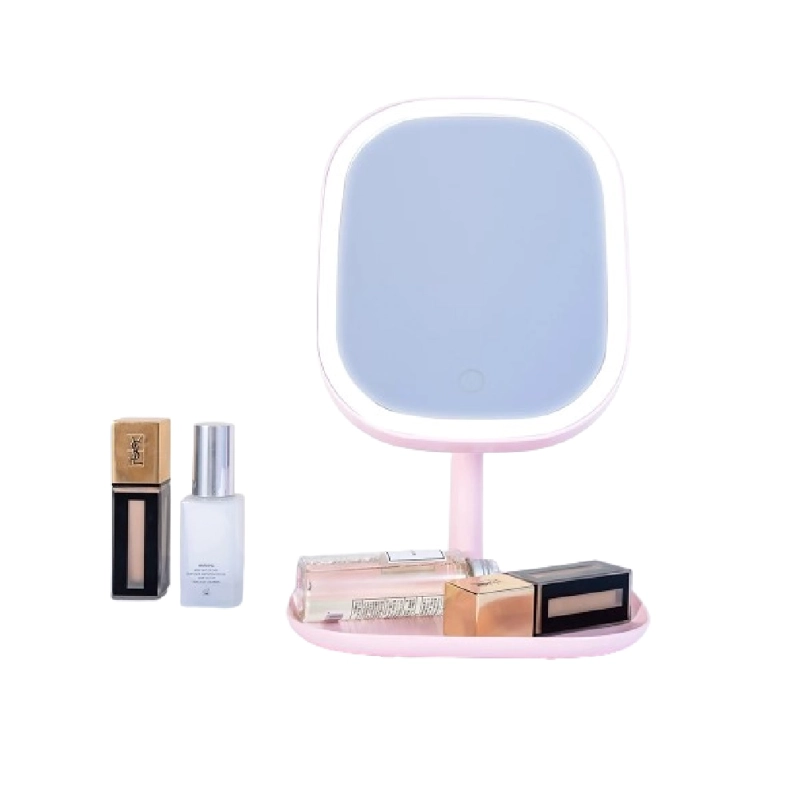 ESPEJO DE TOCADOR CUADRADO ROSADO CON LUZ LED - 1