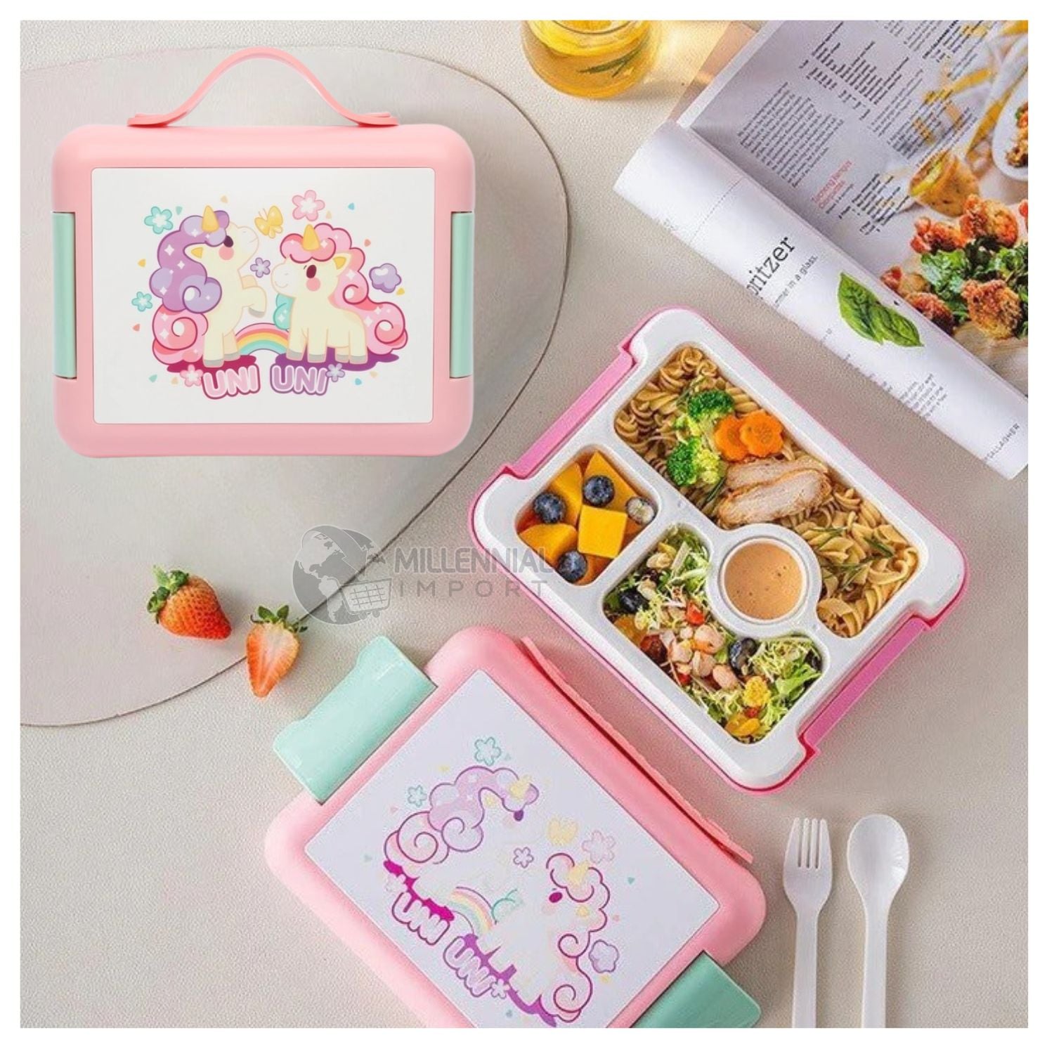 TAPER LONCHERA TIPO BENTO LUNCH BOX ANTIDERRAME MODELO UNICORNIO PARA NIÑAS - 2