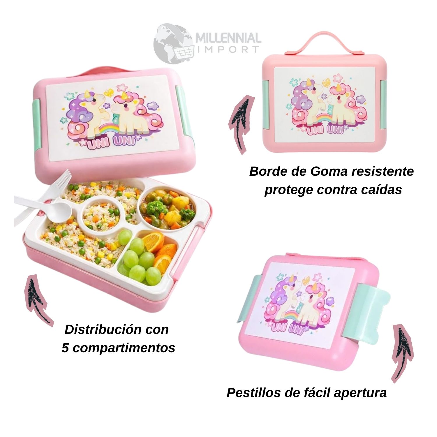 TAPER LONCHERA TIPO BENTO LUNCH BOX ANTIDERRAME MODELO UNICORNIO PARA NIÑAS - 8