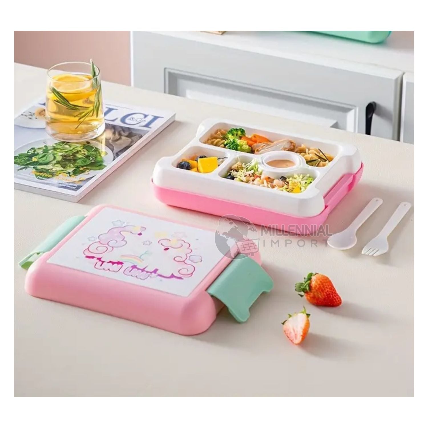 LONCHERA PARA NIÑOS TAPER TIPO BENTO DE 4 DIVISIONES LIBRE DE BPA MODELO UNICORNIO - 2