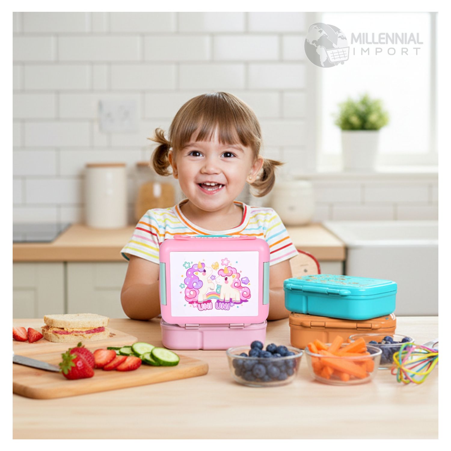 LONCHERA PARA NIÑOS TAPER TIPO BENTO DE 4 DIVISIONES LIBRE DE BPA MODELO UNICORNIO - 8