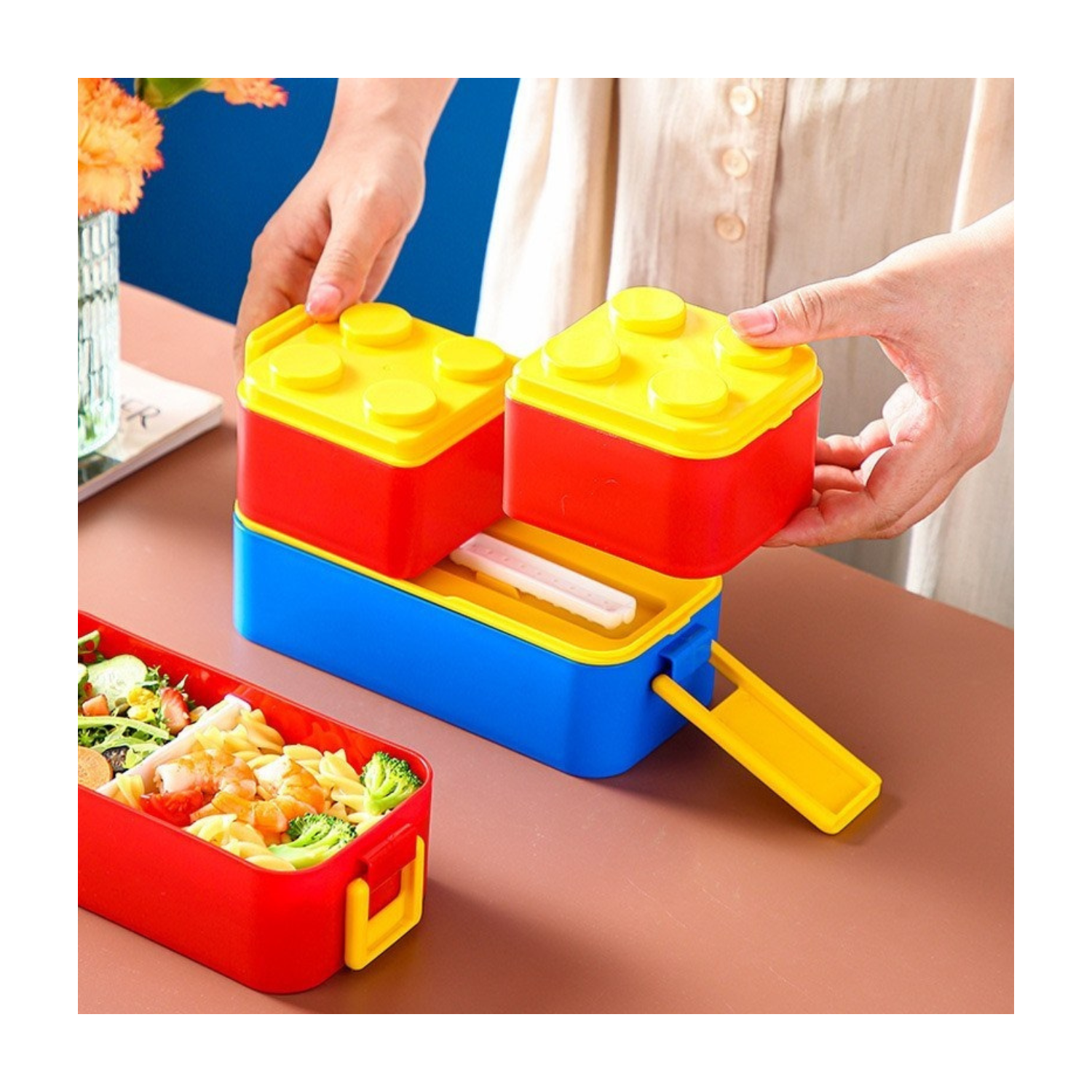 SET X3 TAPERS LONCHERA FORMA LEGO PARA NIÑOS CON TOMATODO - 2