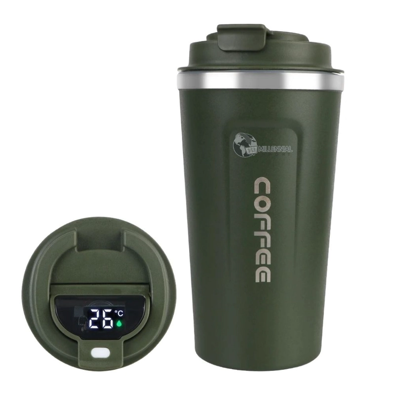 VASO TAZA DIGITAL TÉRMICA ACERO INOXIDABLE 510ML CON SENSOR TEMPERATURA VERDE - 1