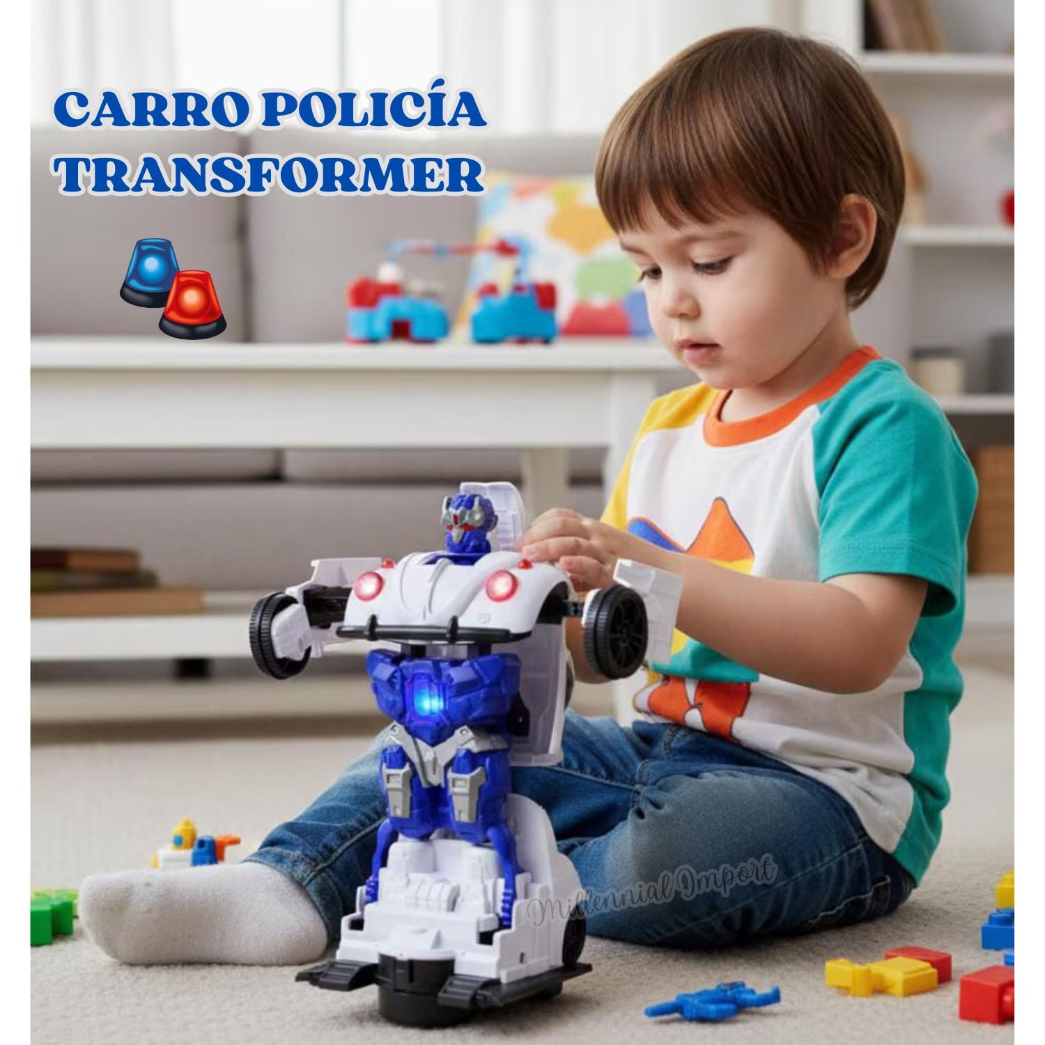 CARRO TRANSFORMER POLICÍA JUGUETE CON LUZ ELÉCTRICO GIRATORIO DE 360° - 1
