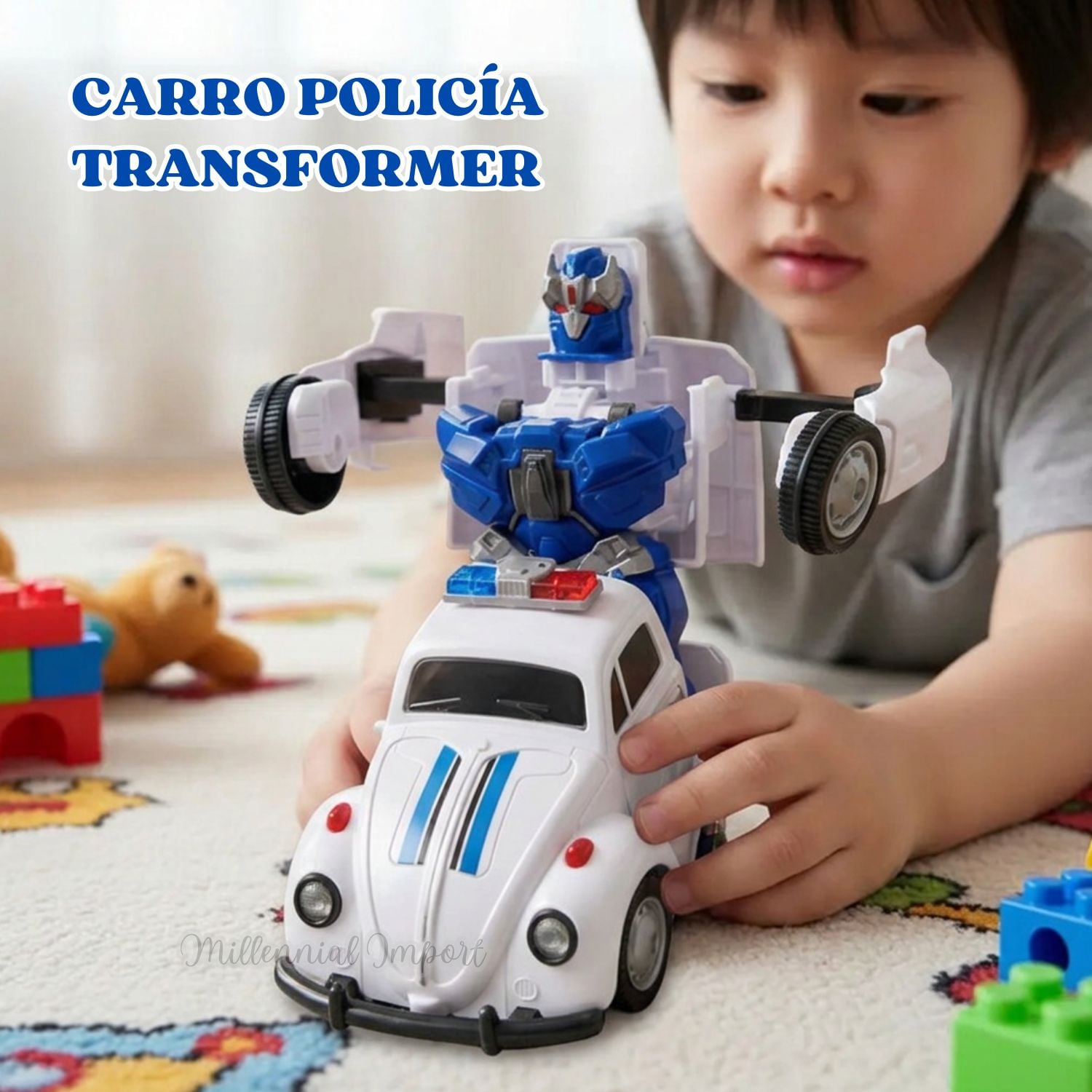 CARRO ROBOT TRANSFORMABLE CON LUZ LED JUGUETE POLICÍA GIRATORIO - 1