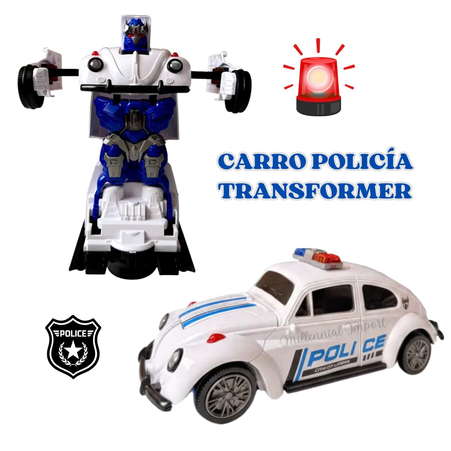 CARRO ROBOT TRANSFORMABLE CON LUZ LED JUGUETE POLICÍA GIRATORIO - 2