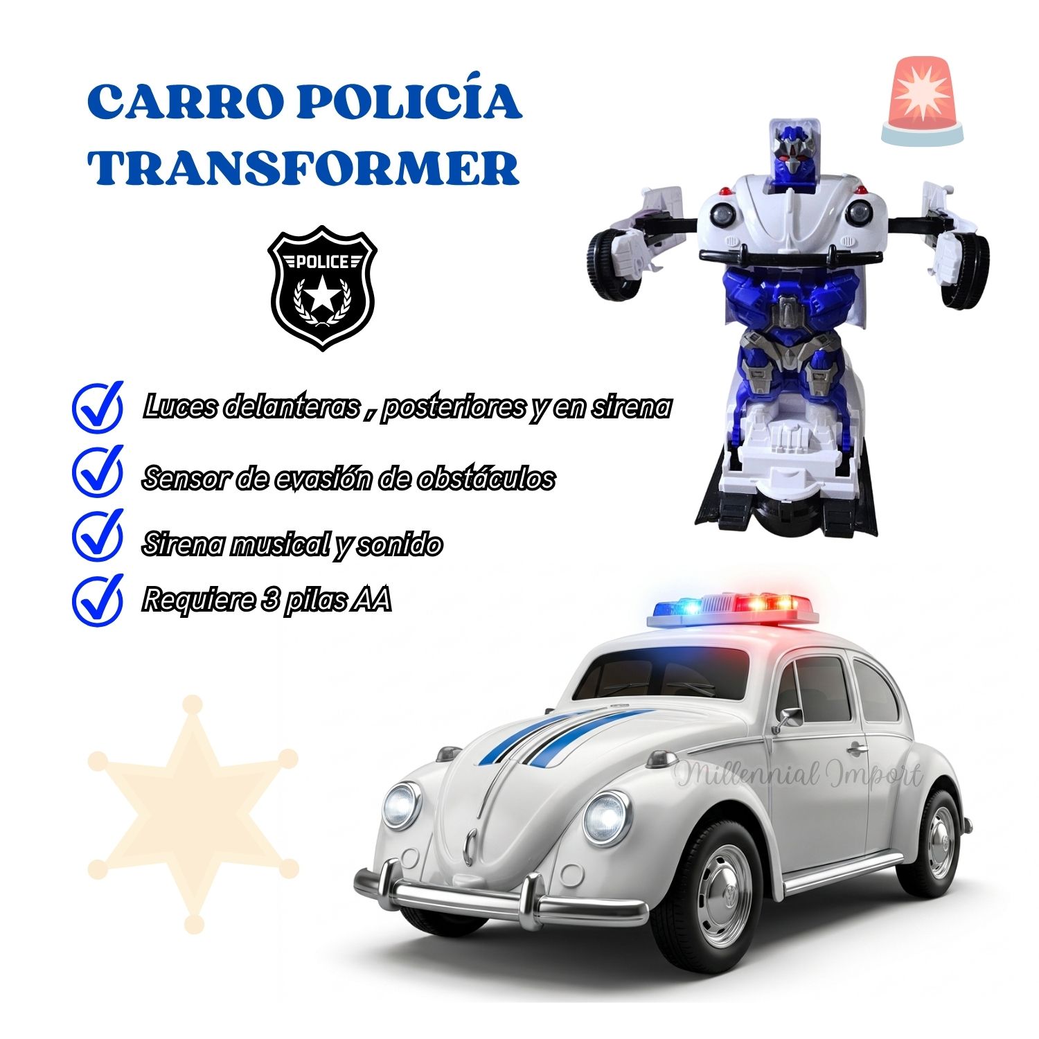CARRO ROBOT TRANSFORMABLE CON LUZ LED JUGUETE POLICÍA GIRATORIO - 6