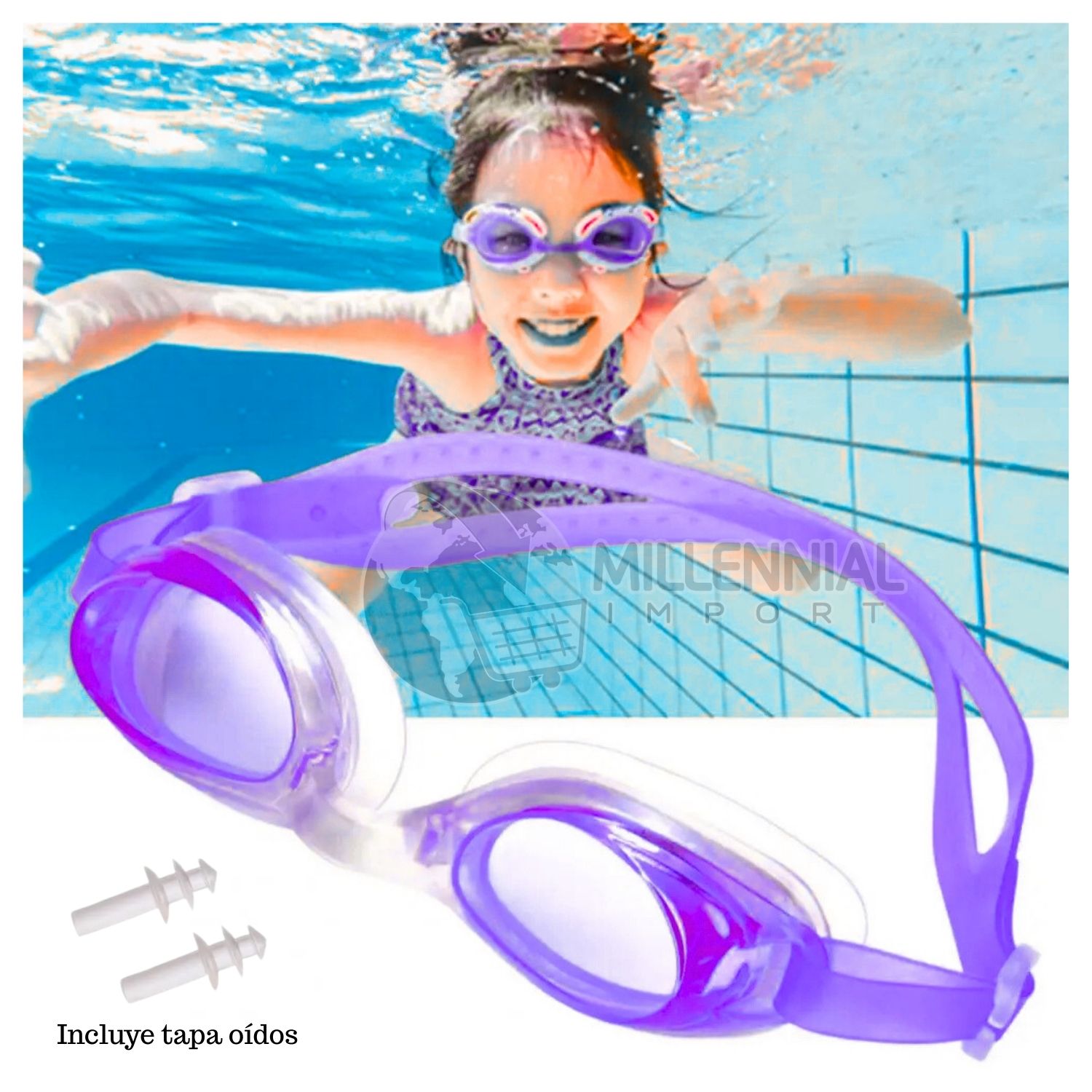 PACK POR 02 GAFAS DE NATACIÓN PARA NIÑAS CON TAPONES DE OÍDOS INCLUYE ESTUCHE - 8