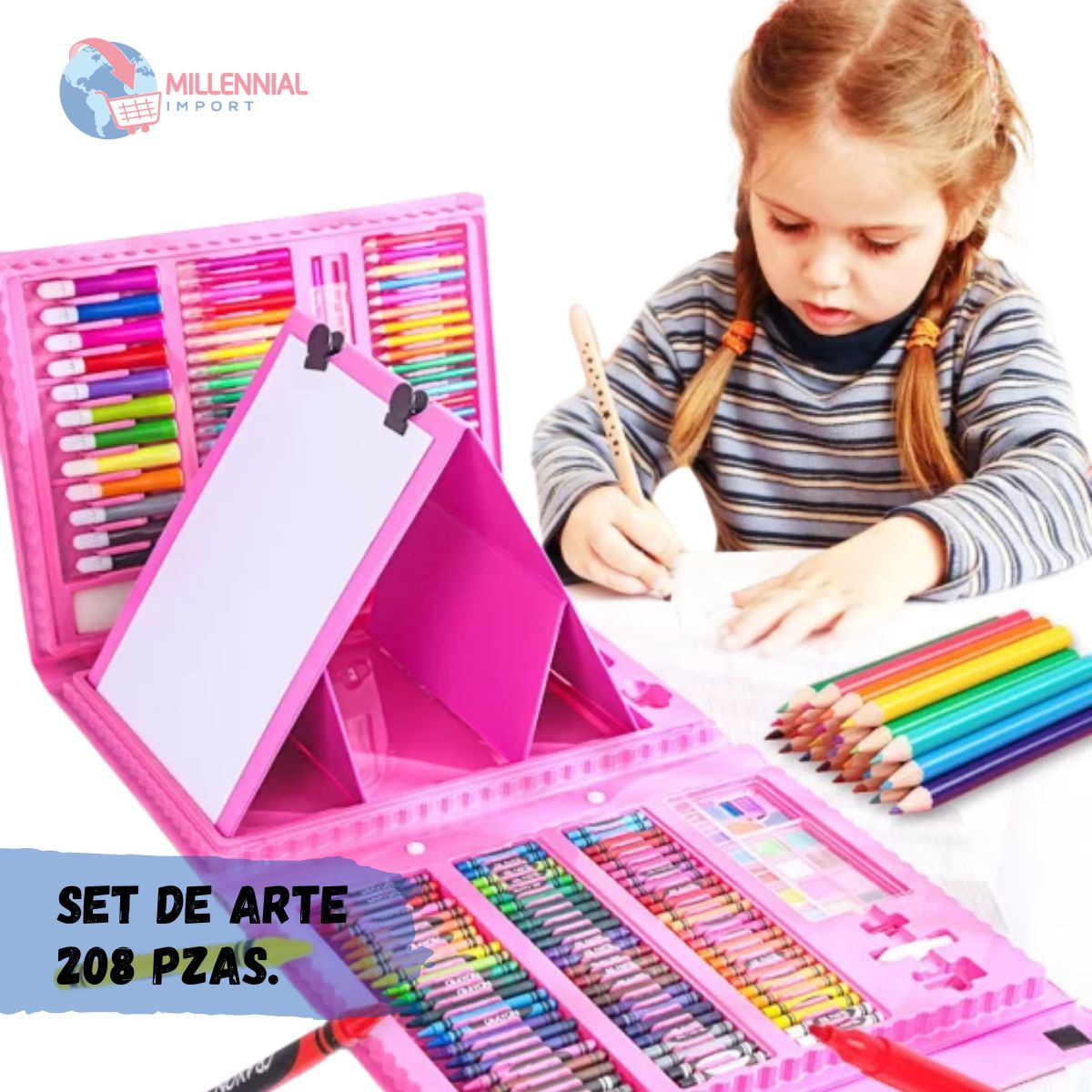 KIT DE ARTE MILLENNIAL IMPORT MEGA SET DIBUJO CREATIVO NIÑAS 208 PIEZAS GRANDE - 9