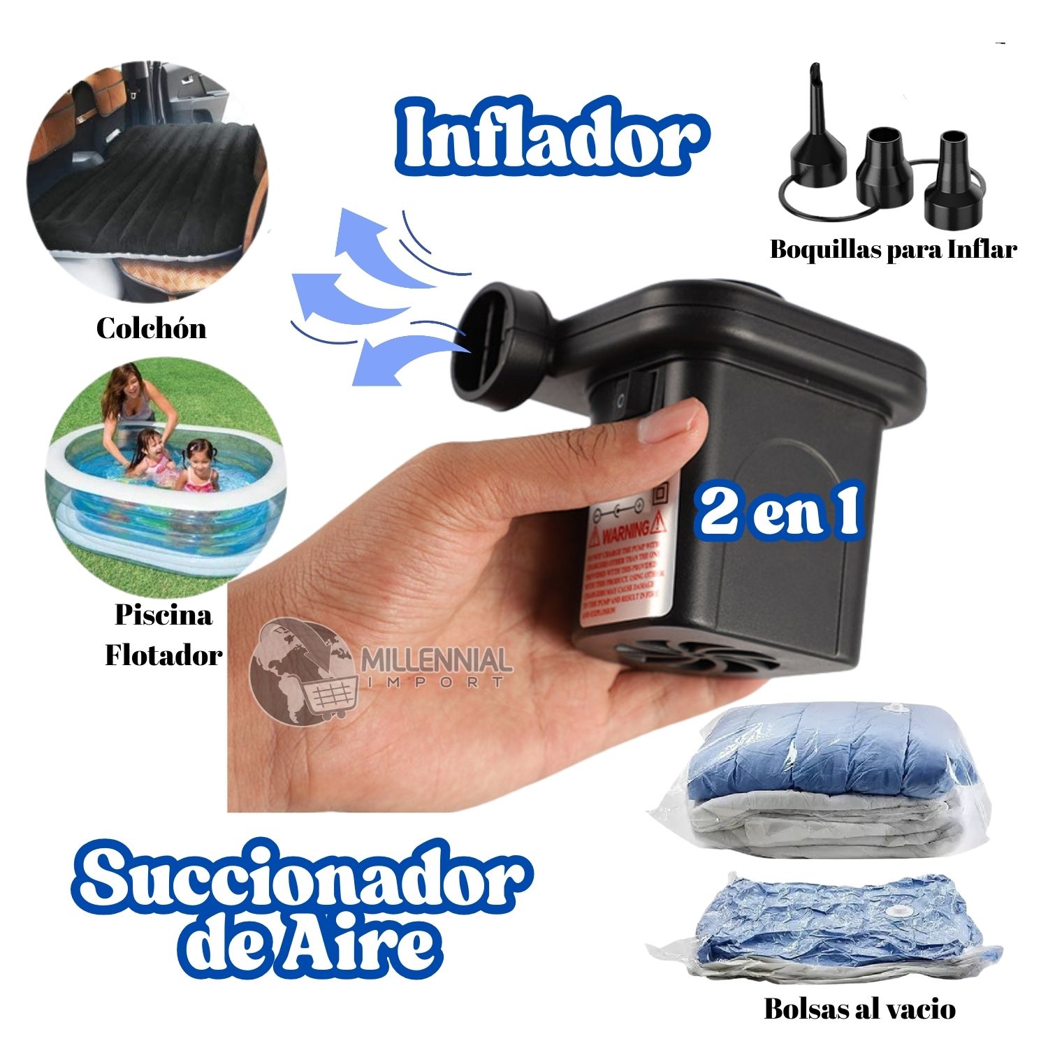 SUCCIONADOR DE AIRE ELÉCTRICO E INFLADOR PORTATIL PARA BOLSAS AL VACIO 2 EN 1 - 9