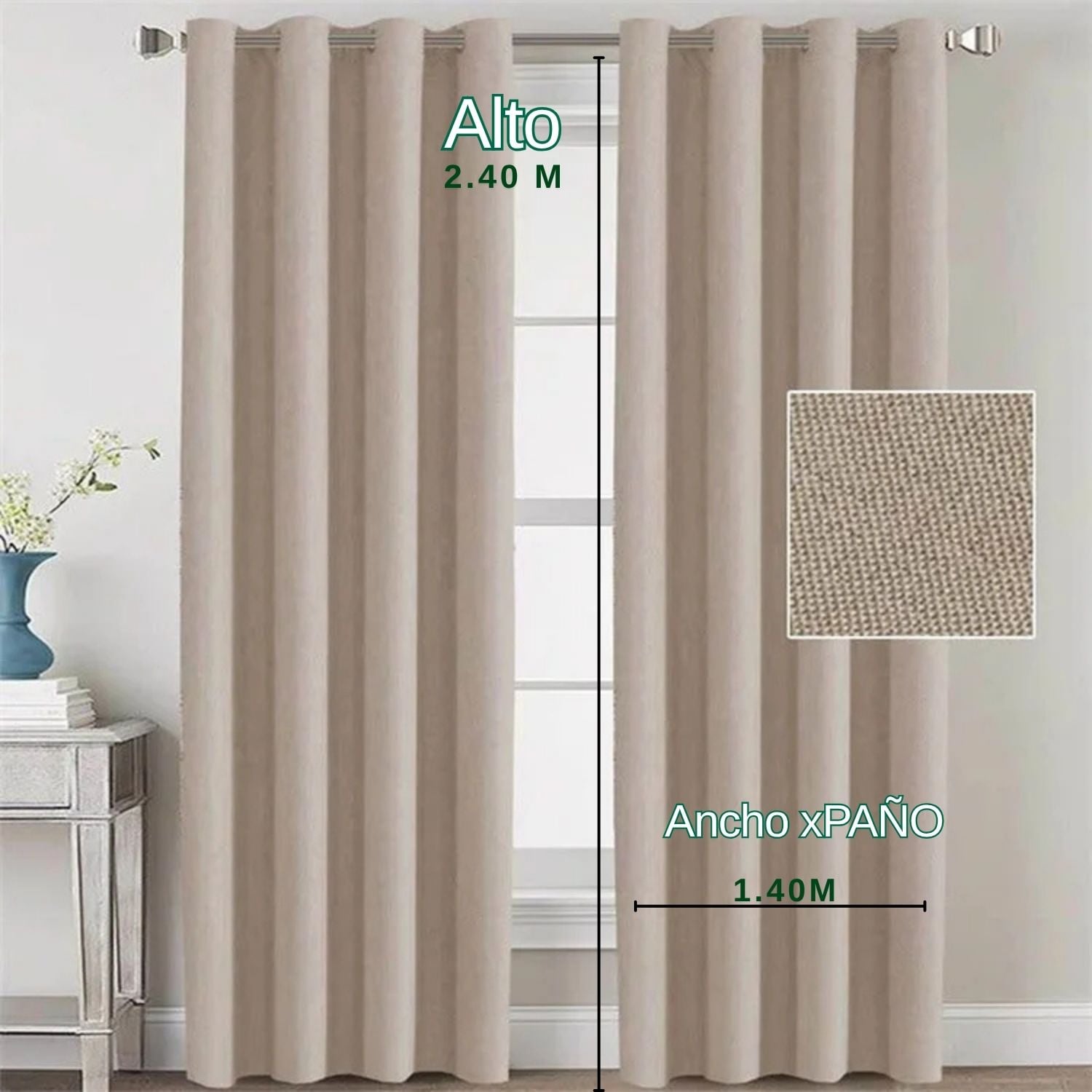 CORTINA DE TELA CON TEXTURA BEIGE CON AROS – 2 PAÑOS - 4