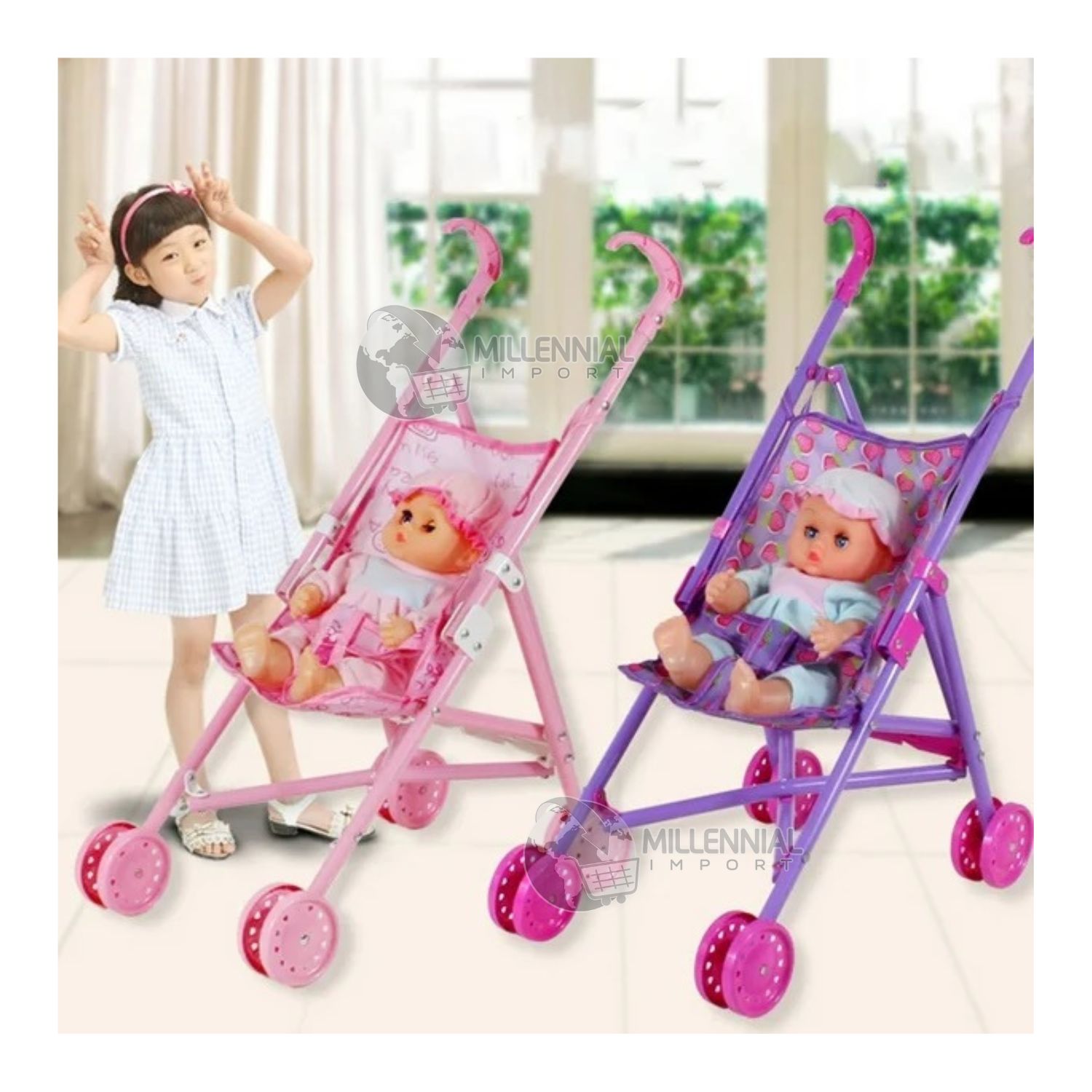Muñeca Bebé Con Cochecito – Sonido Realista Y 8 Accesorios – Juego De Rol Interactivo – Carrito De Metal Resistente – Regalo Infantil