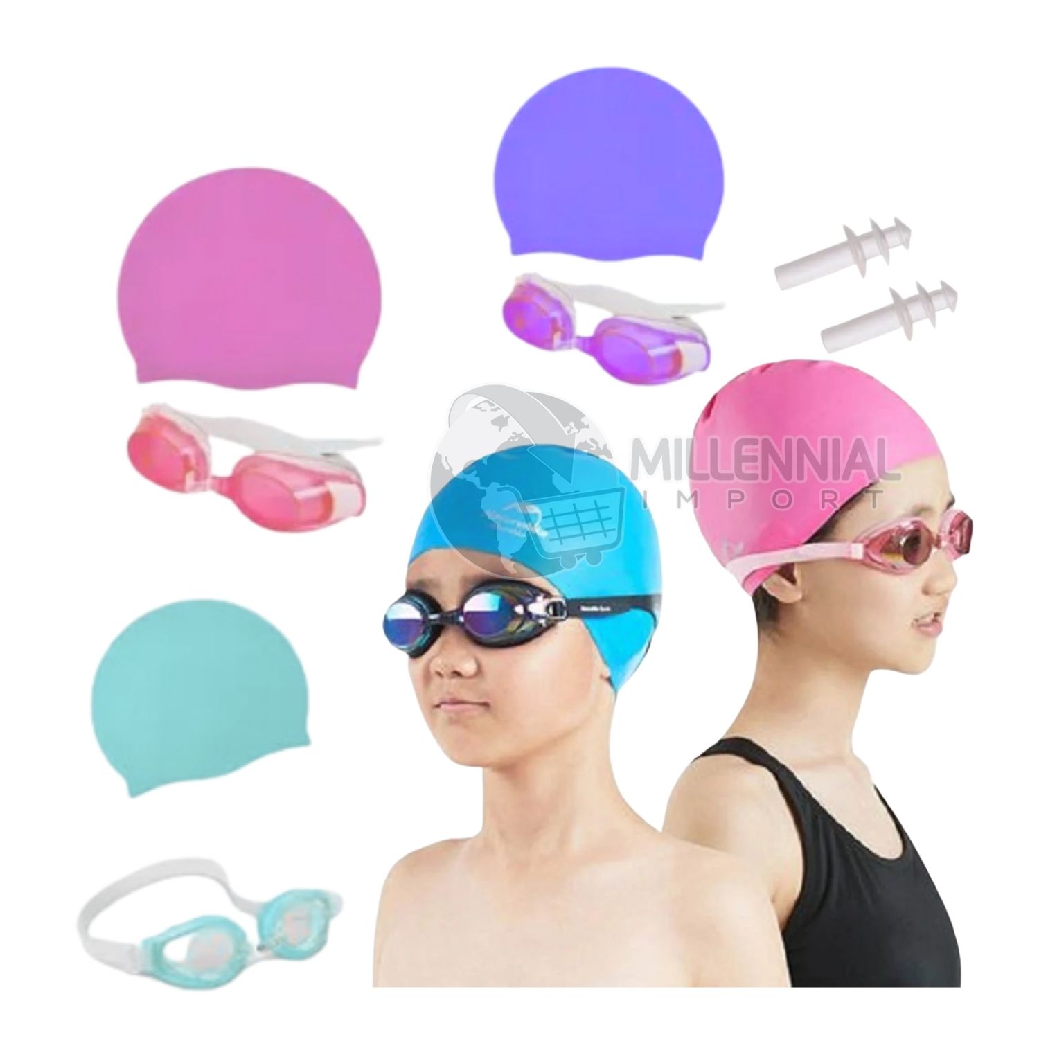 PACK DE LENTES NATACIÓN CON TAPON OÍDOS + GORRO LICRA NIÑAS - 1