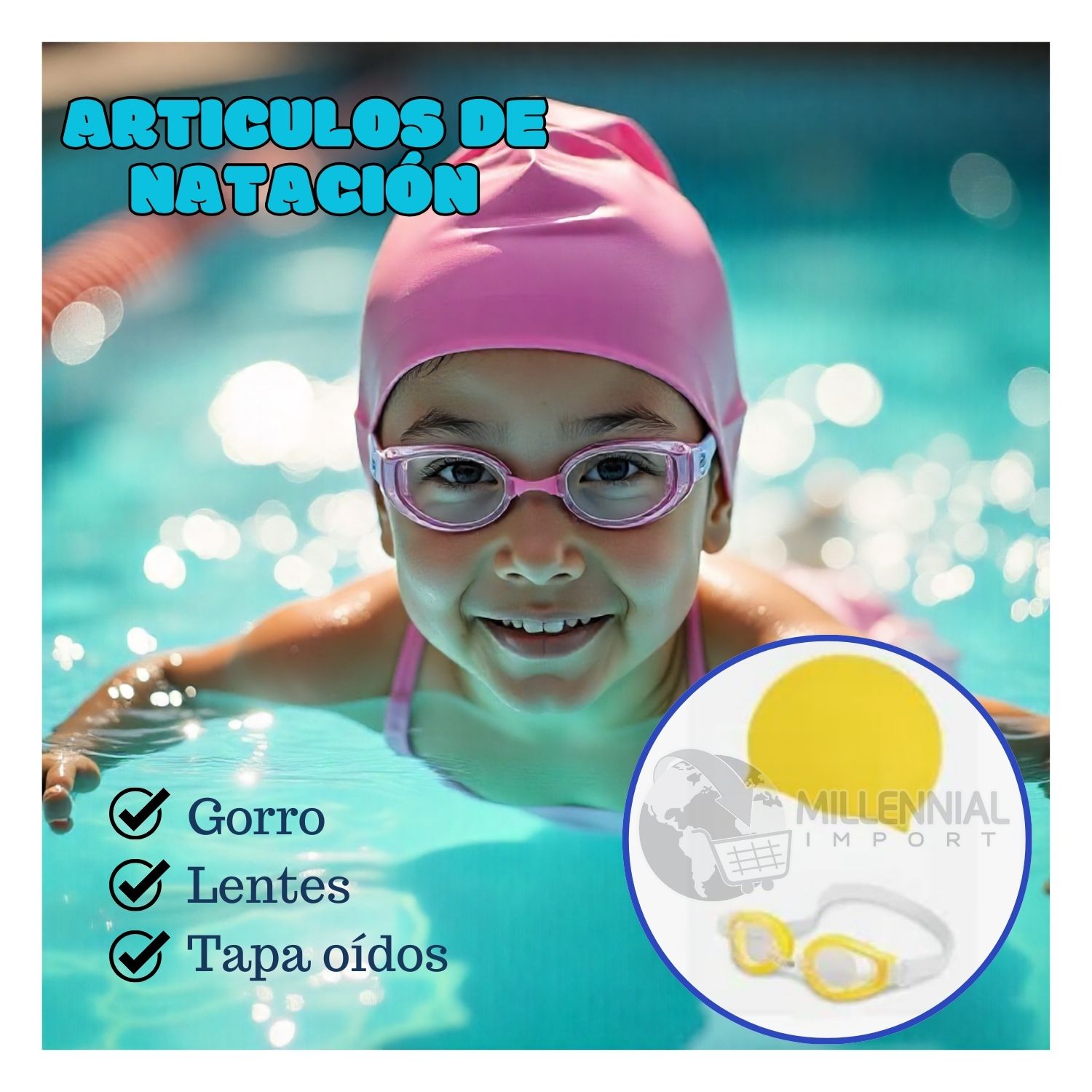 PACK DE LENTES NATACIÓN CON TAPON OÍDOS + GORRO LICRA NIÑAS - 3
