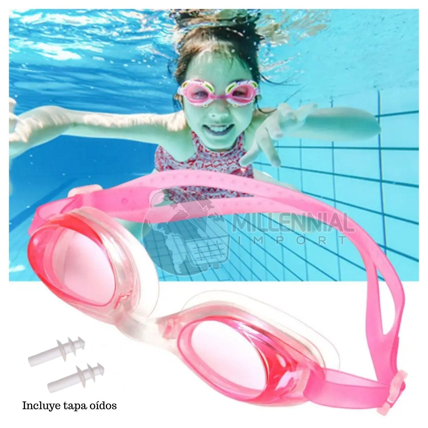PACK DE LENTES NATACIÓN CON TAPON OÍDOS + GORRO LICRA NIÑAS - 5