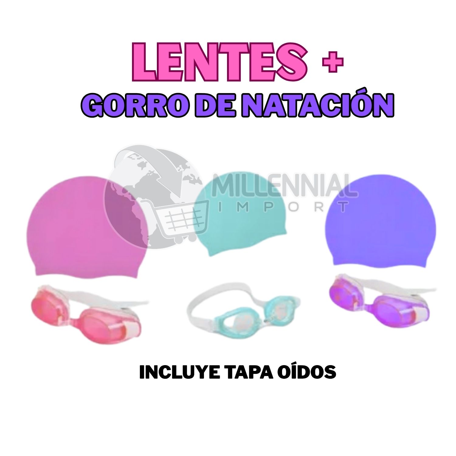 PACK DE LENTES NATACIÓN CON TAPON OÍDOS + GORRO LICRA NIÑAS - 6