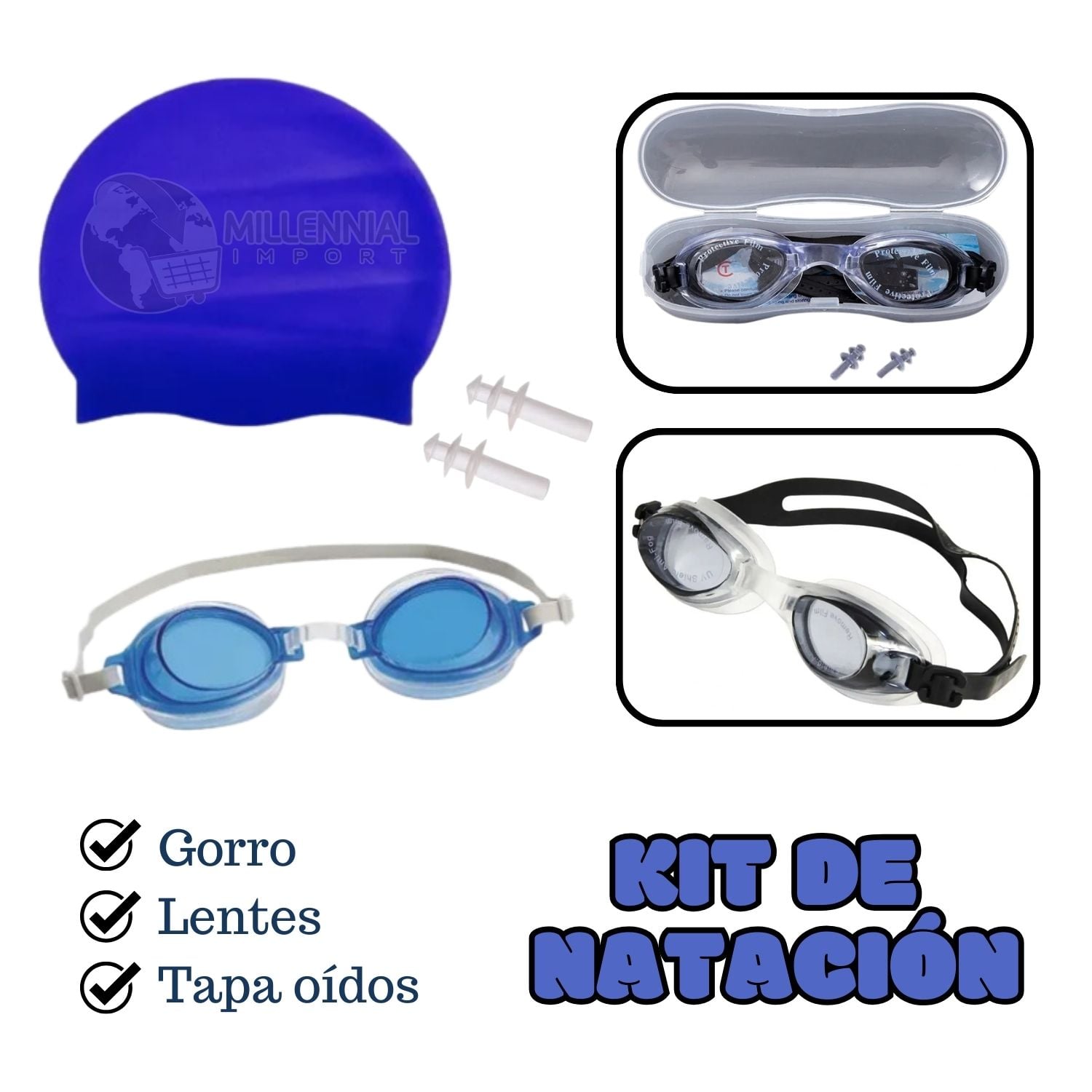 PACK DE LENTES NATACIÓN CON TAPON OÍDOS + GORRO LICRA NIÑOS - 1