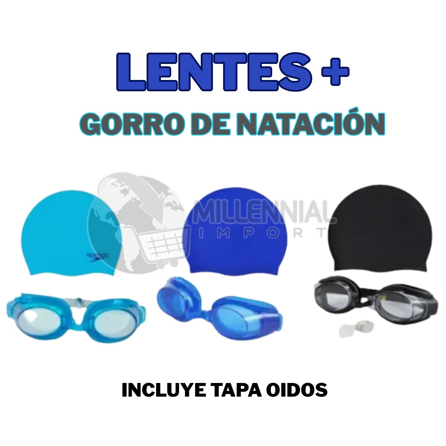 PACK DE LENTES NATACIÓN CON TAPON OÍDOS + GORRO LICRA NIÑOS - 5