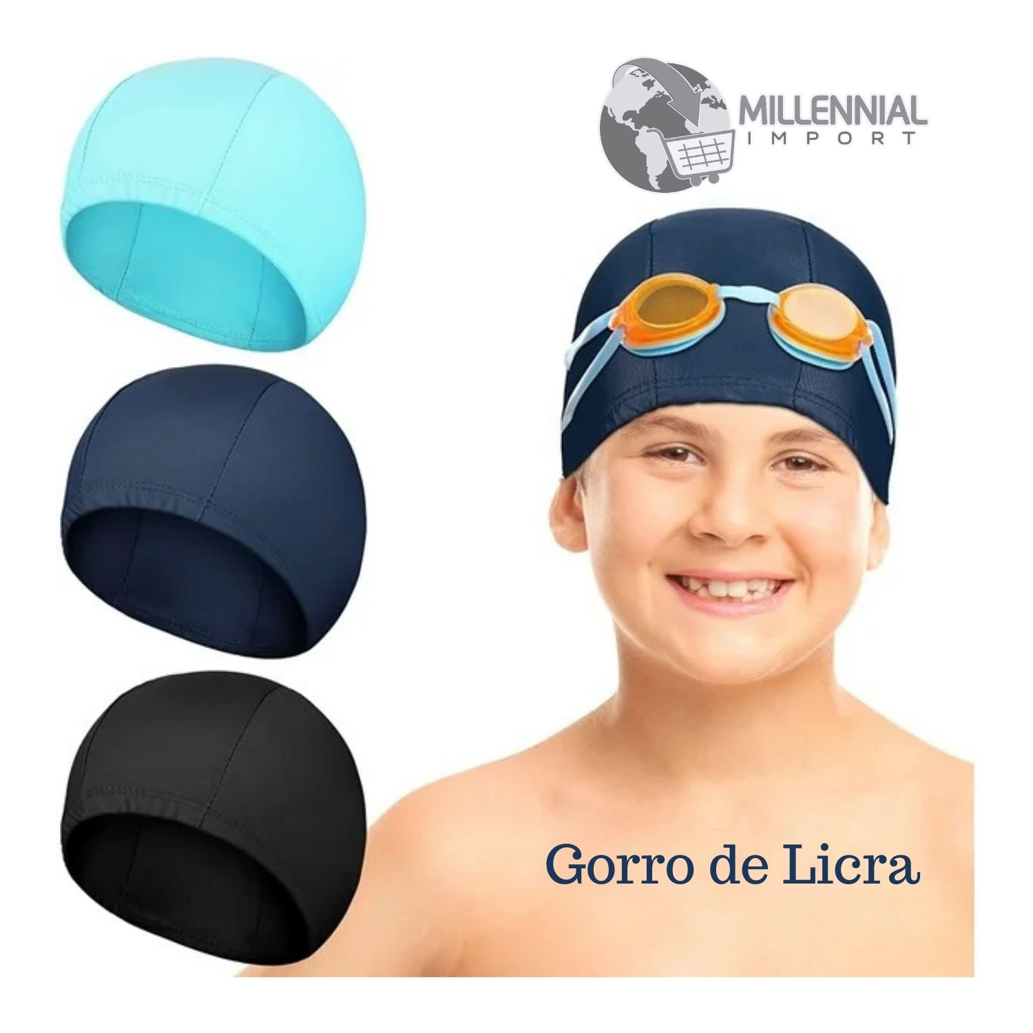 PACK DE LENTES NATACIÓN CON TAPON OÍDOS + GORRO LICRA NIÑOS - 9